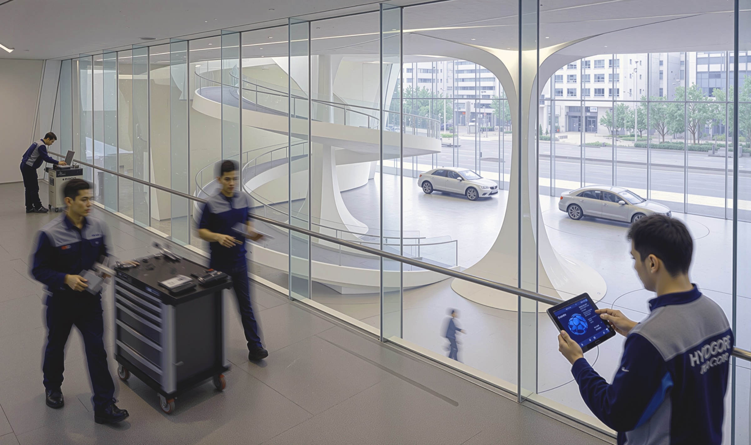 Service area viewed through a large glass partition with technicians using tablet-based diagnostics, tool carts, and vehicles visible in the showroom beyond through curved architectural glass walls