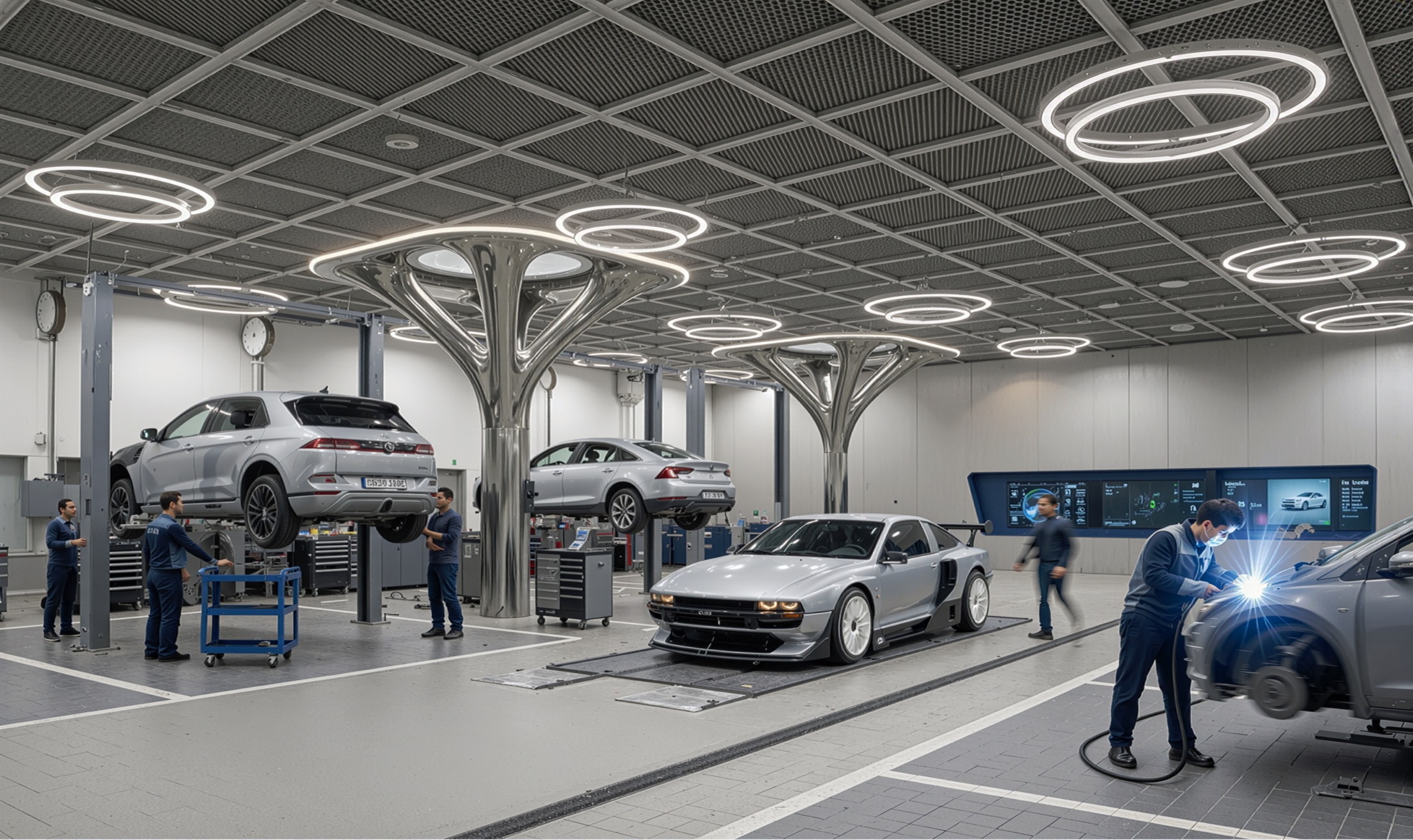 Service center interior with branching tree-form steel columns supporting ring-shaped LED ceiling lights, vehicles elevated on hydraulic lifts, and technicians performing maintenance work