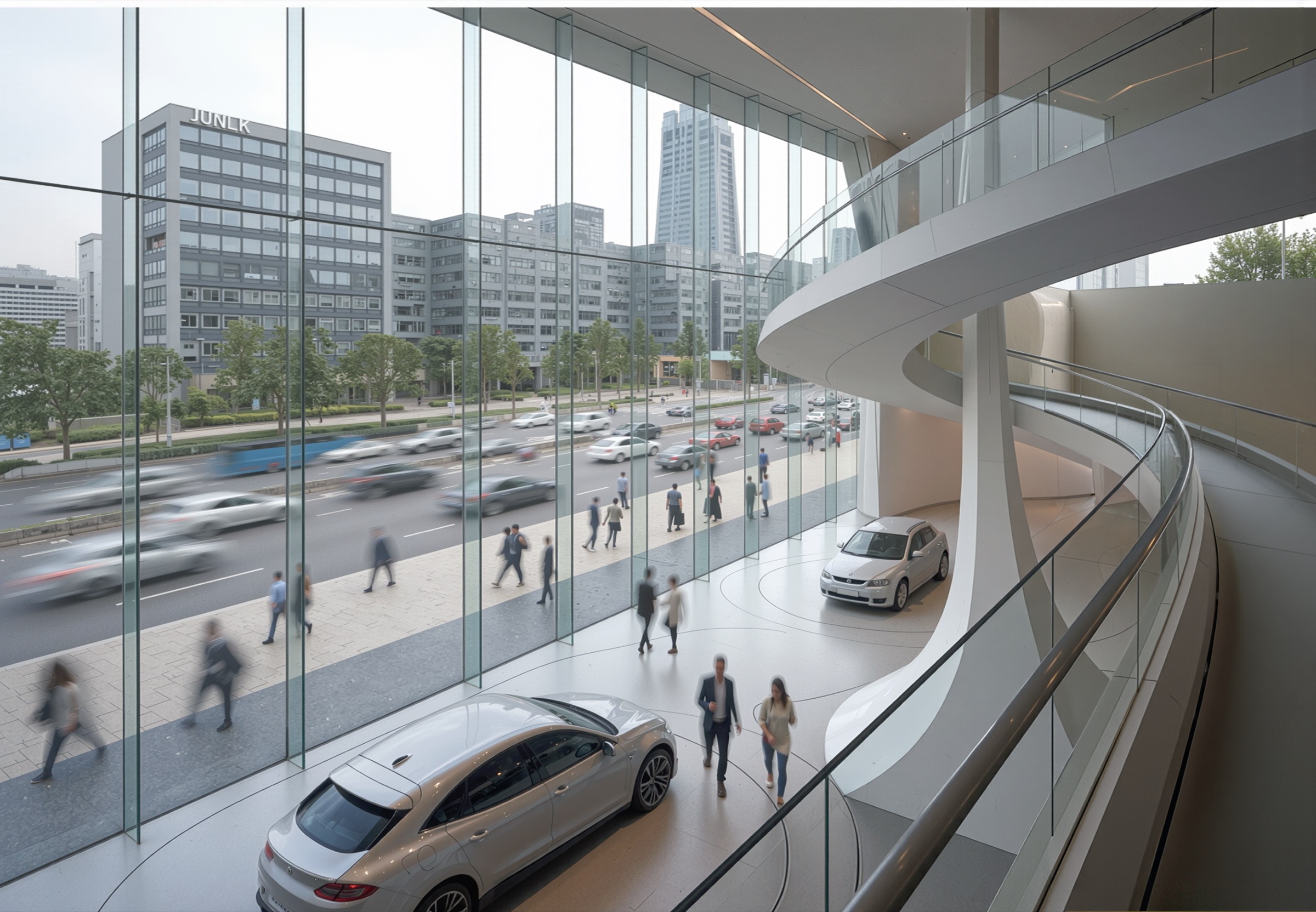 View from the upper-level mezzanine looking through the full-height glass curtain wall at a busy Seoul street with motion-blurred traffic and pedestrians, a curved spiral ramp connecting levels, and a vehicle displayed below