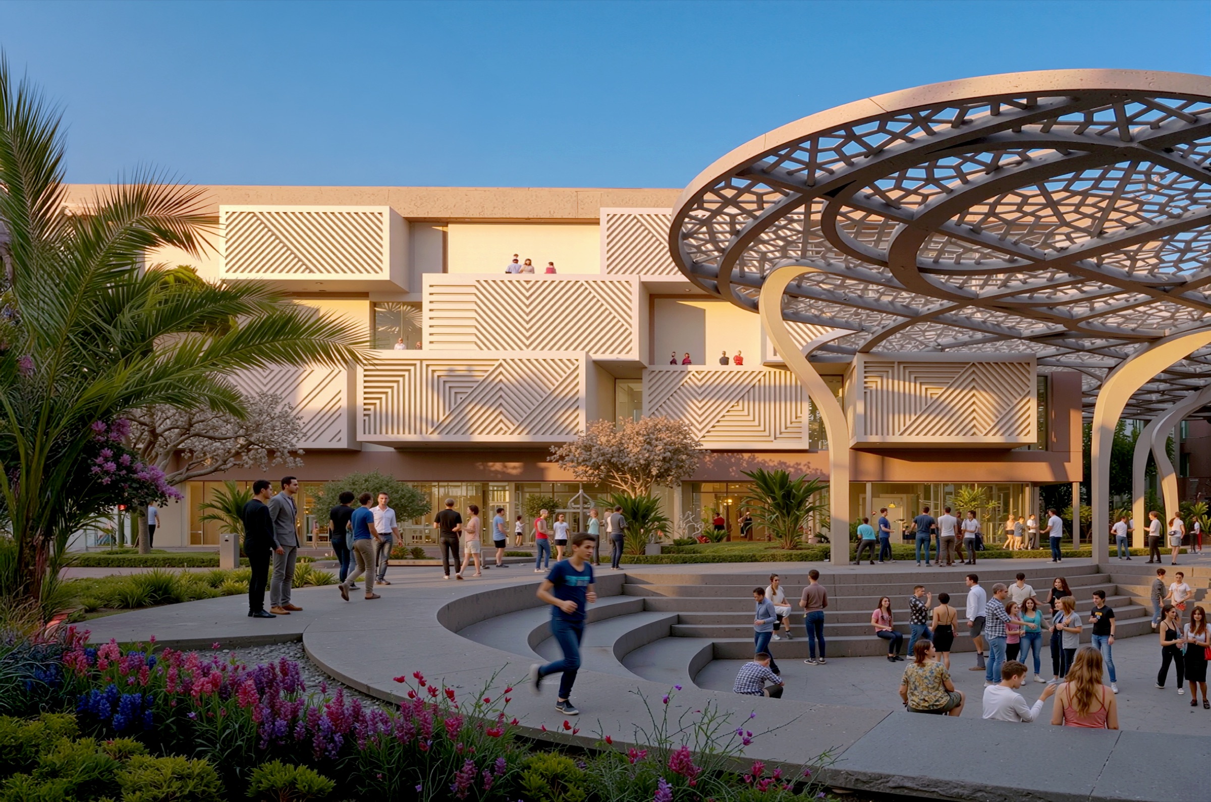 Amphitheater plaza with curved stepped seating, a patterned pavilion facade beyond, densely planted gardens at the foreground edge, and the perforated canopy structures rising at right
