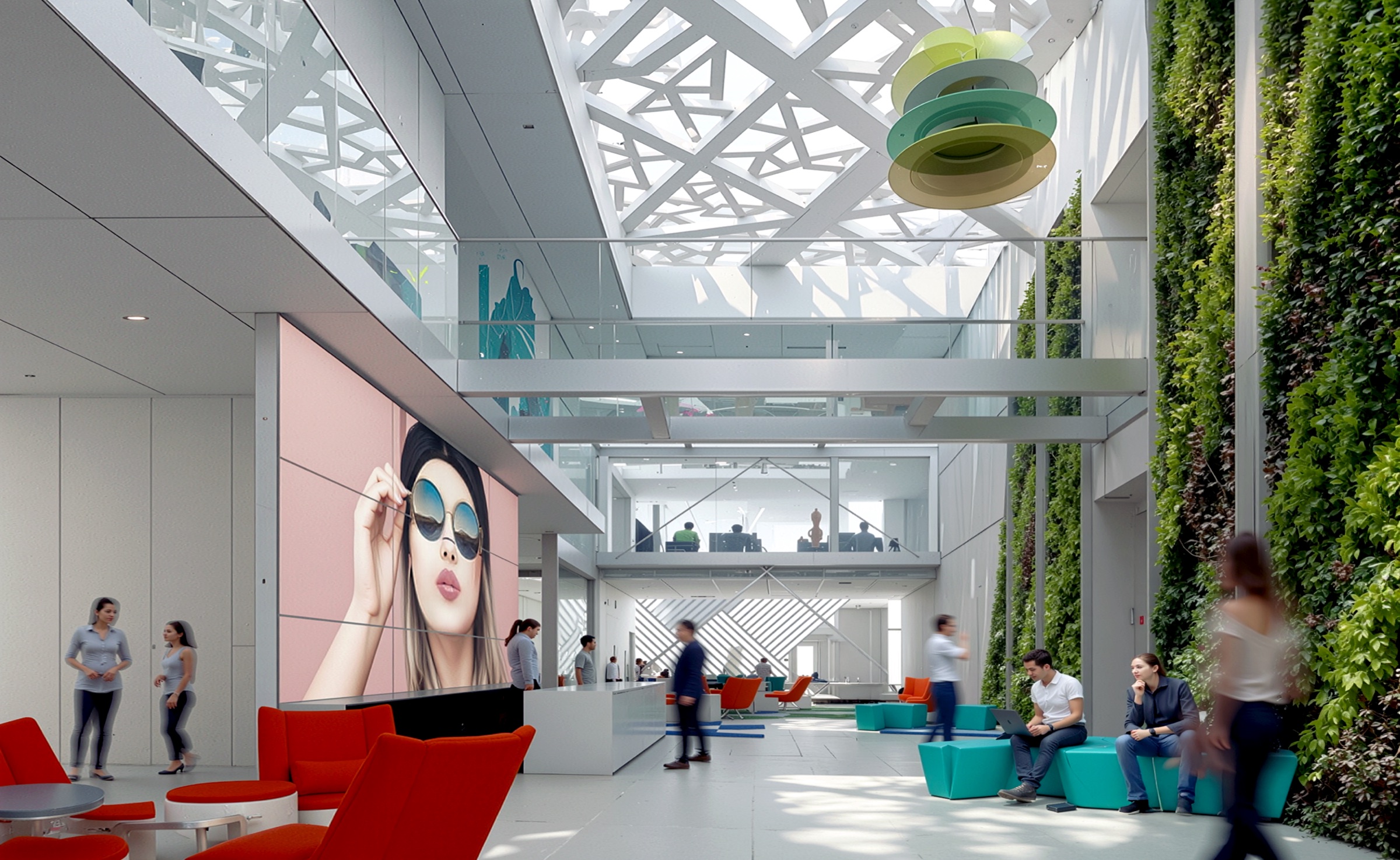Interior atrium with a full-height living wall, suspended sculptural elements overhead, a large screen projecting imagery, and seating groups at ground level