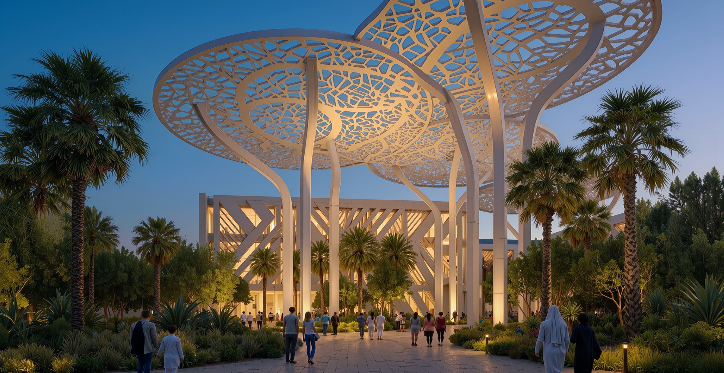 Dusk view of the canopy structures rising above a palm-lined garden path, people walking toward the lit pavilions beyond the perforated forms