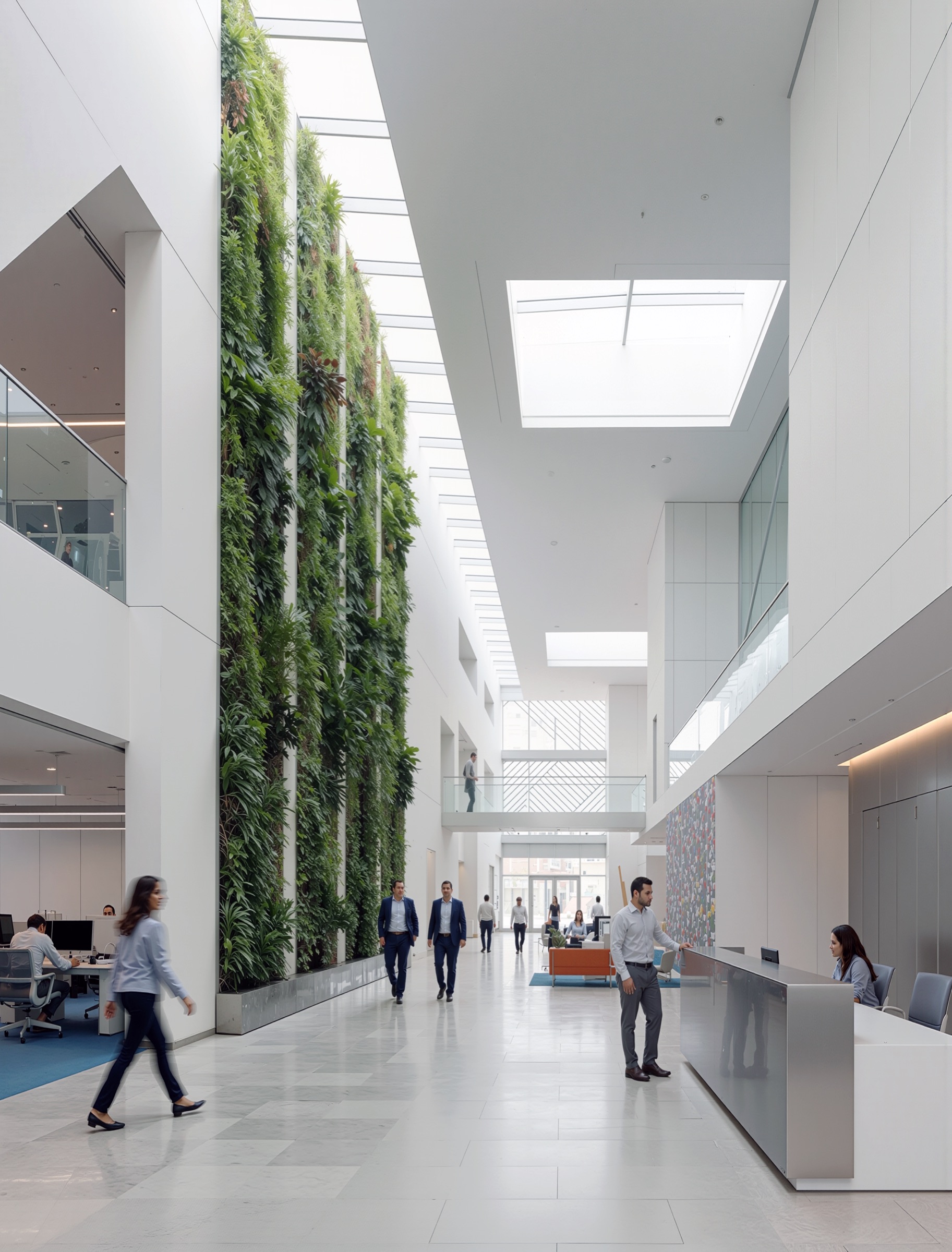 Pavilion entry portal with full-height glazing framed by diamond-patterned screen panels, the perforated canopy visible above, people walking toward the entrance