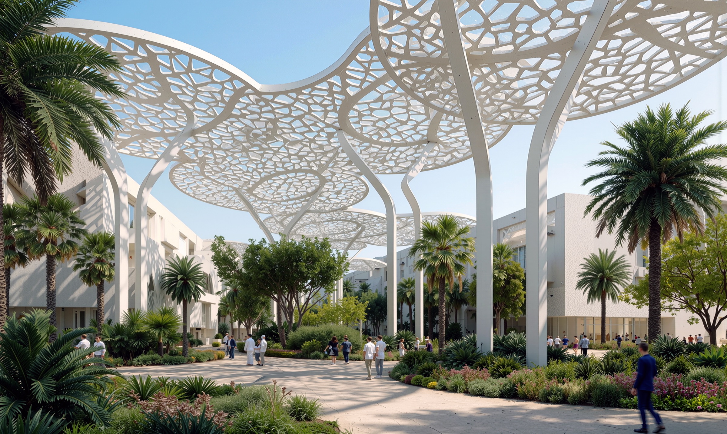 Garden walkway in daylight — palm trees and dense planting flanking a pedestrian path beneath the white perforated canopies, pavilions rising beyond