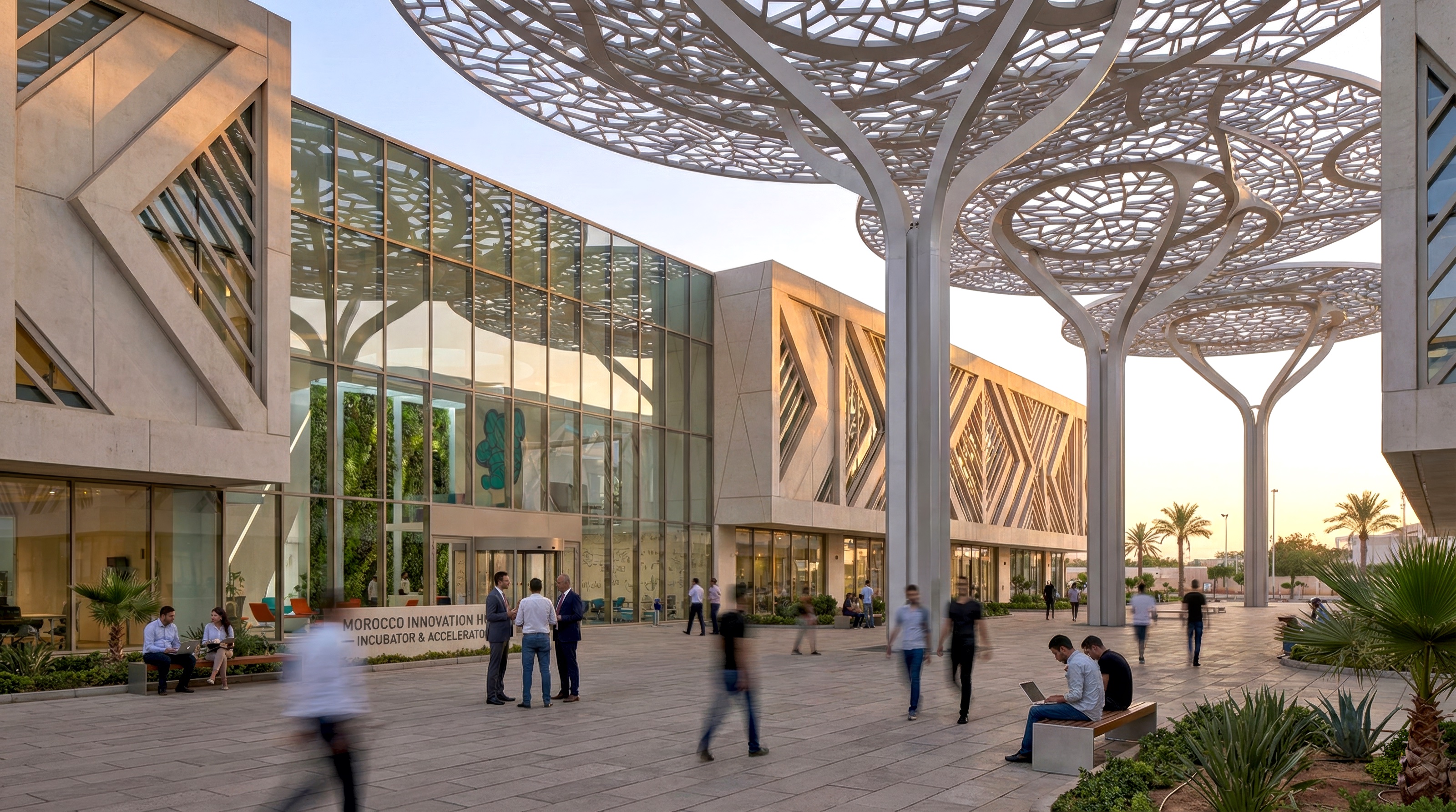Main plaza of the Incubator Accelerator Campus — perforated lace-like canopies overhead, the Morocco Innovation for Incubation and Acceleration signage on a glazed pavilion facade, people walking across the paved plaza at dusk