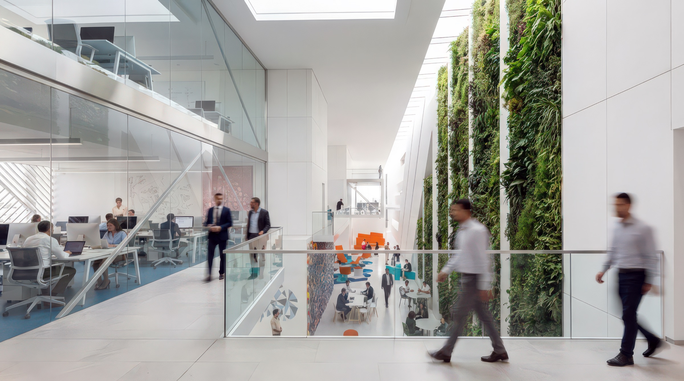 Interior balcony overlooking a double-height lab space — glass balustrade, full-height living wall along one side, open-plan workstations with orange task chairs visible below