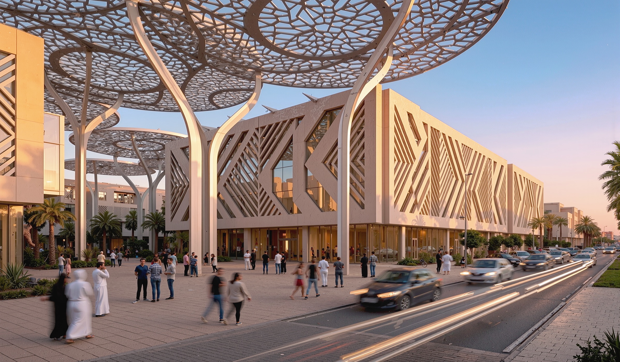 Street-level view of the campus pavilions with perforated diamond-patterned facade screens, the lace canopies overhead, cars and pedestrians at the edge of the campus boundary