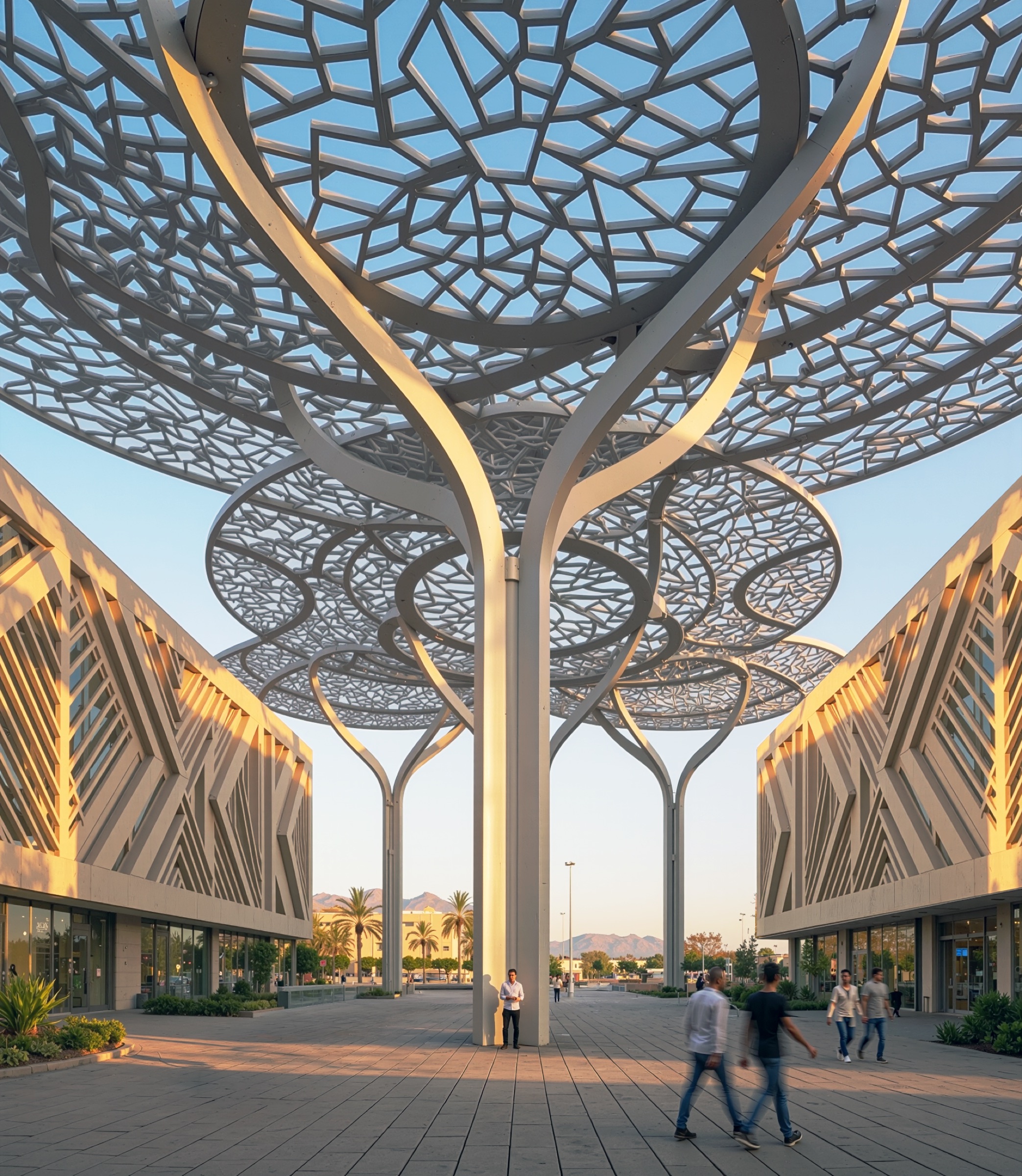 Public walkway beneath the perforated canopies at sunset, flanking patterned pavilion facades, pedestrians crossing the plaza in warm evening light