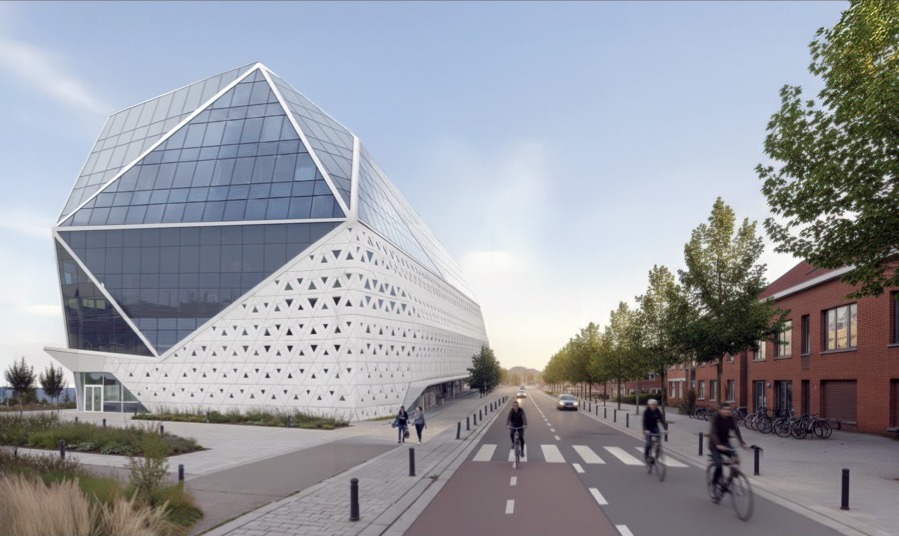 ING Headquarters street-level view with cyclists and the GFRC base transitioning to crystalline glass