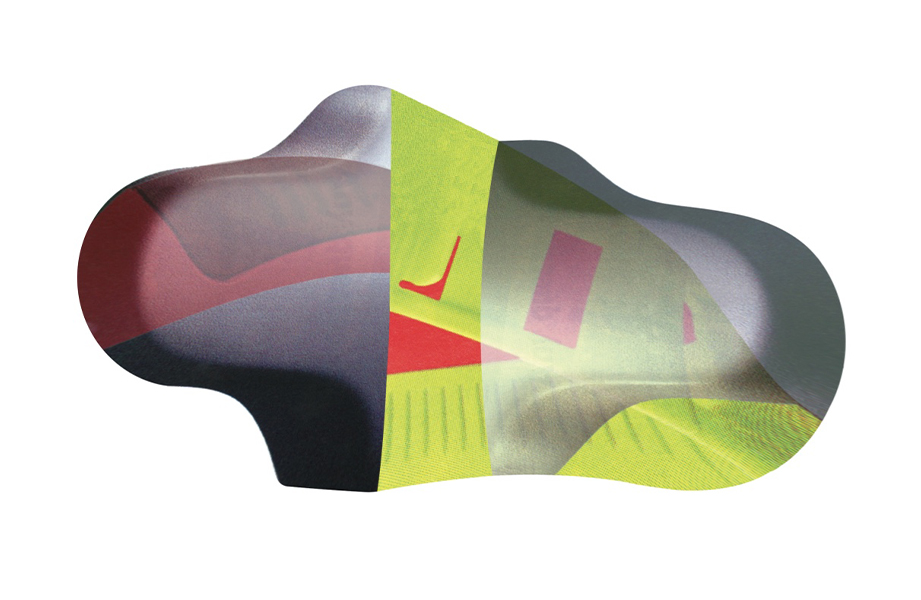 I.Scape study — biomorphic form in rose and chartreuse with embedded texture maps readable simultaneously as object and landscape