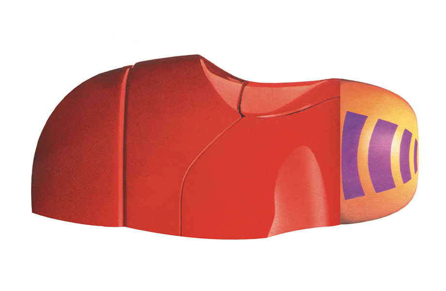 I.Scape study — red volumetric form with concentric surface patterning, a manipulated entity between product and architecture