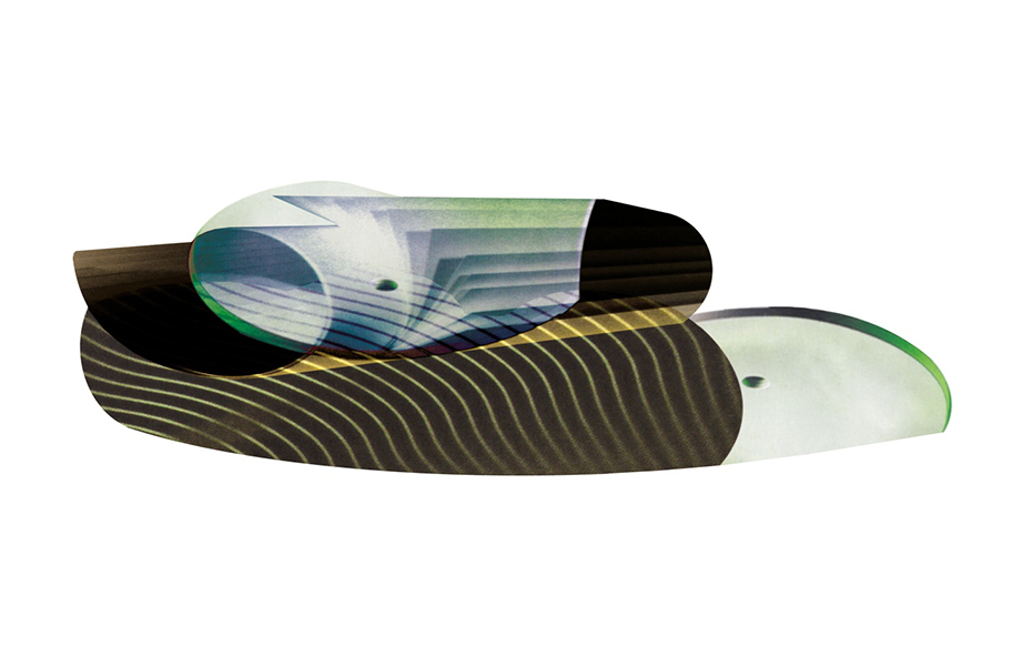 I.Scape study — elongated composite form layering striped surfaces, tubular geometry, and photographic fragments into a continuous digital landscape