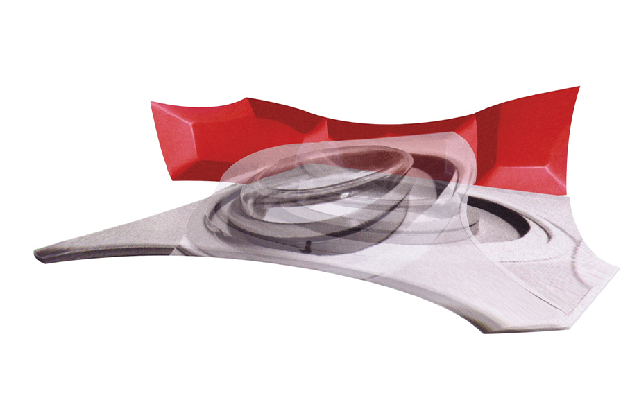 I.Scape study — sweeping red and silver form with transparent layered volumes, collaging architectural and industrial imagery into a single entity