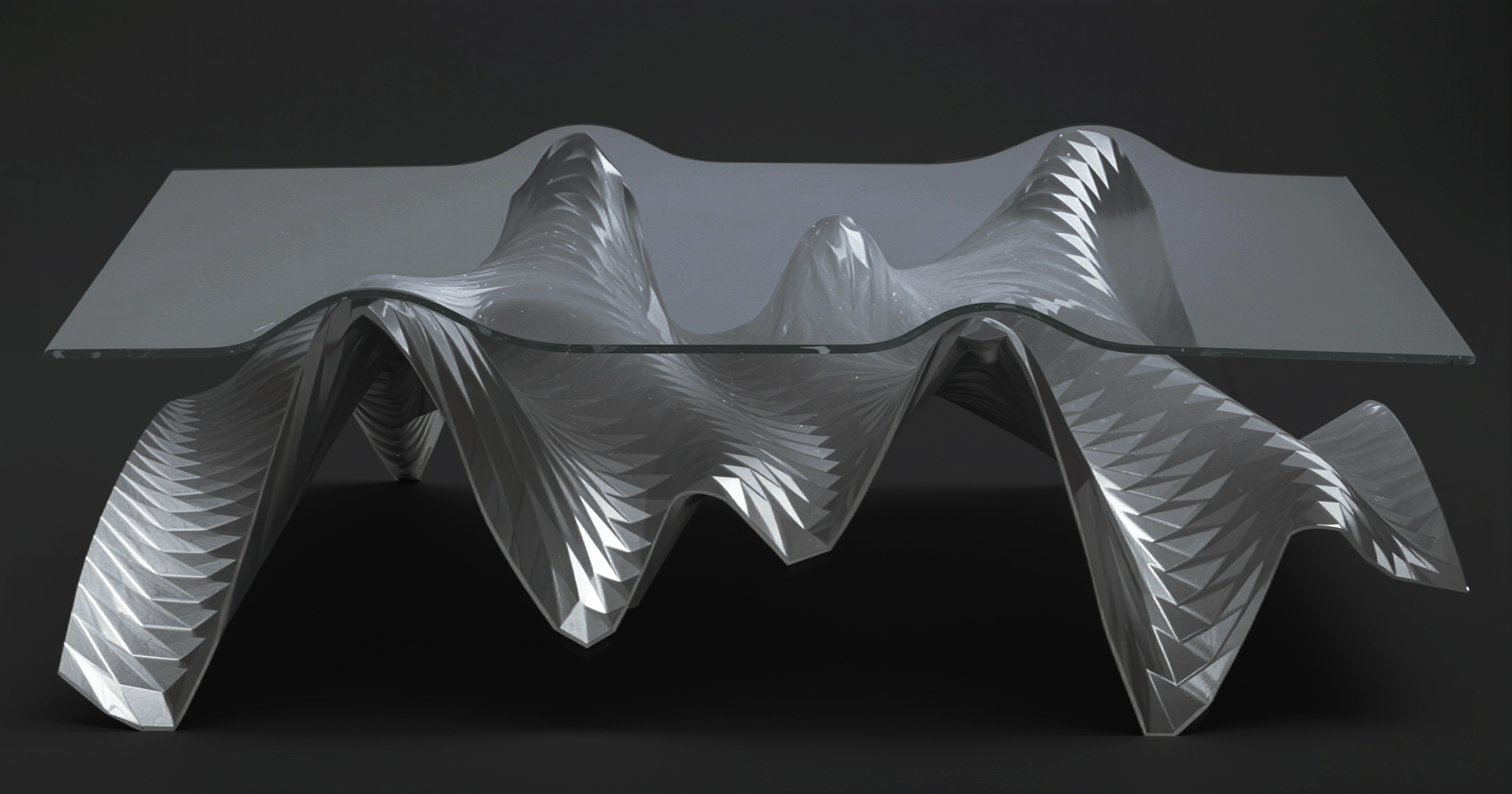 The Ivo_03 table by Asymptote for Meta — full view showing the slumped glass top and sculpted steel base