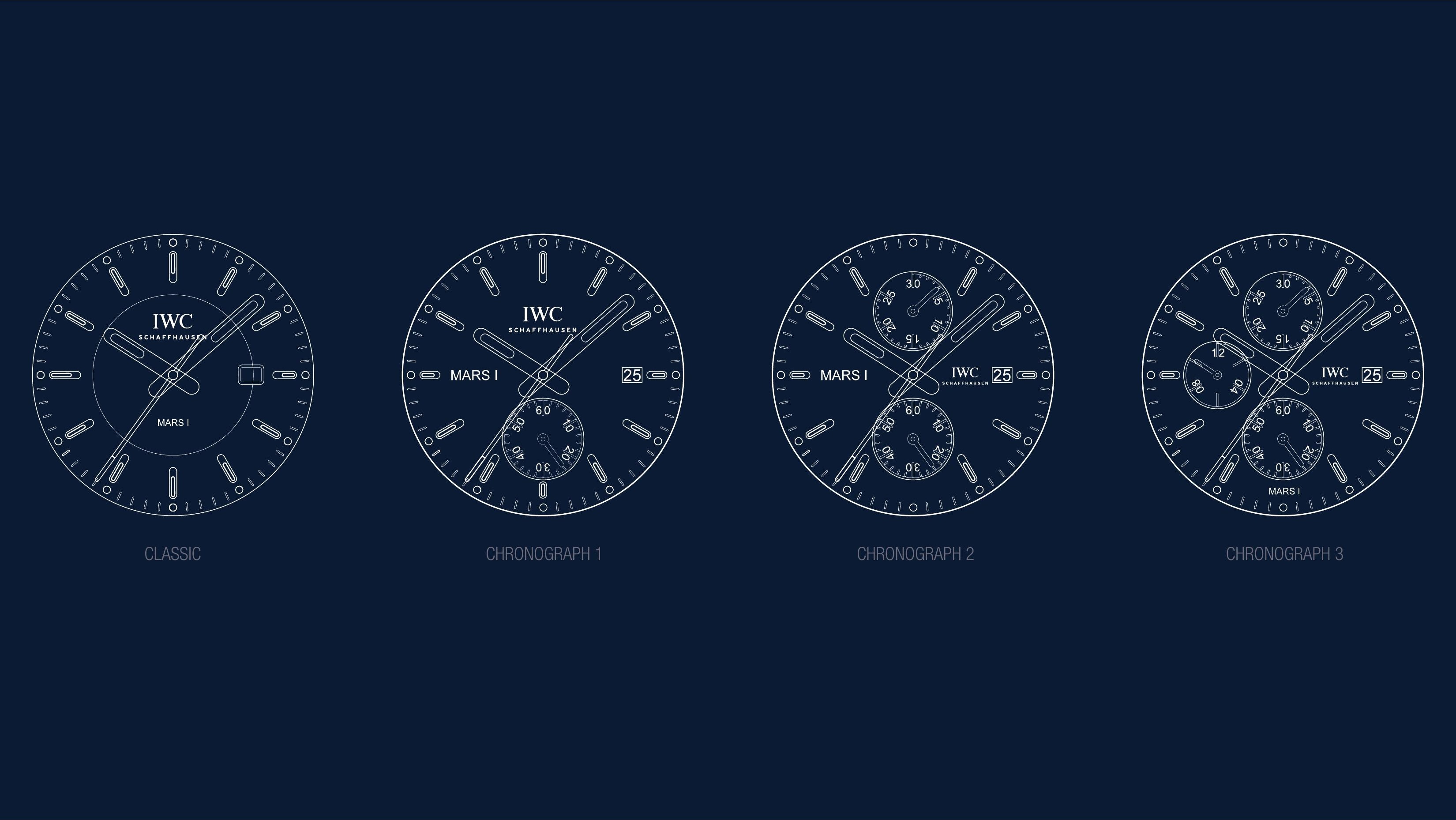 Four dial designs — Classic, Chronograph 1, Chronograph 2, and Chronograph 3 with IWC Mars I branding