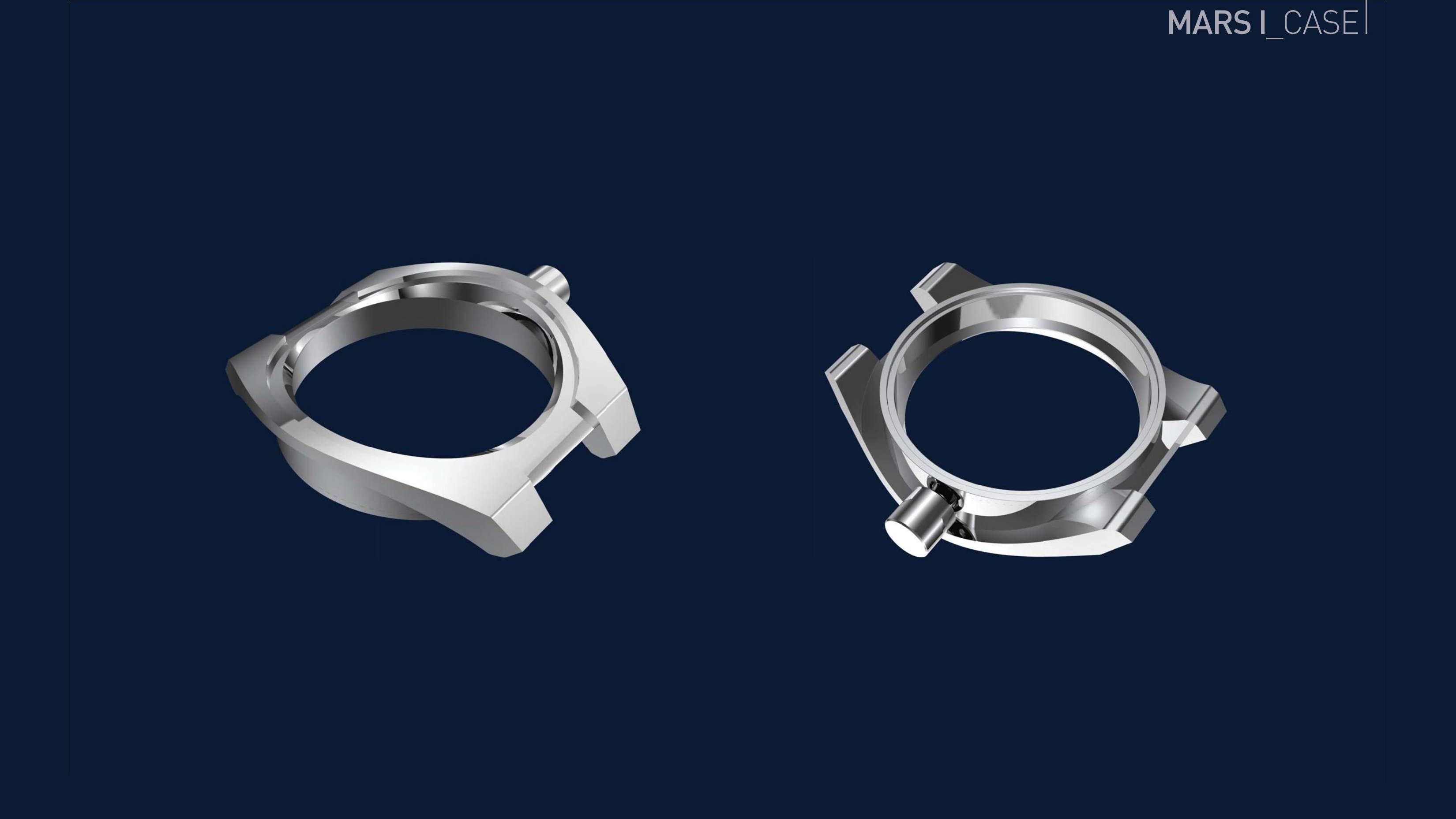 Mars I case — two isometric views of the machined case body showing crown, lugs, and bezel geometry