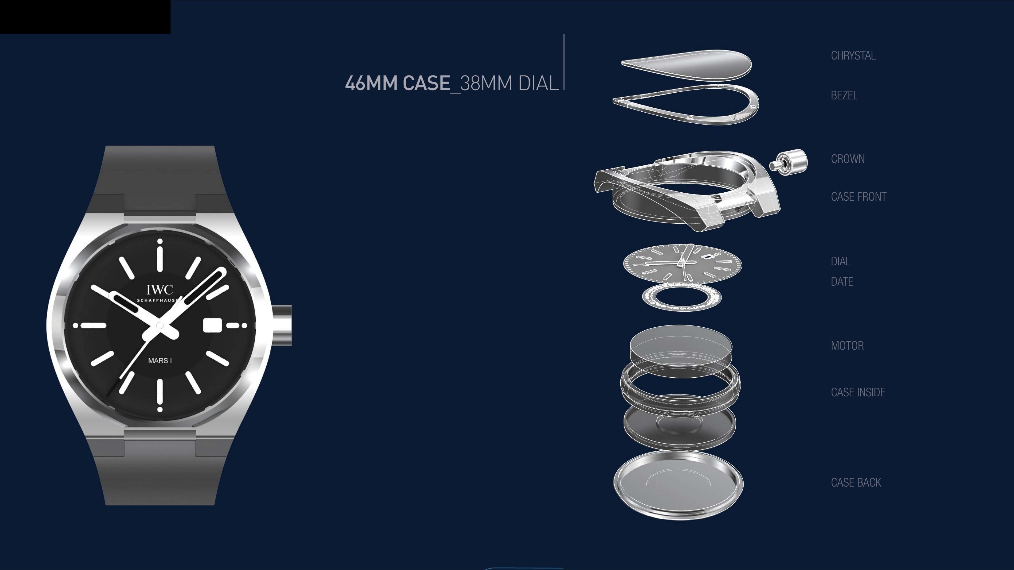 Exploded axonometric of the Mars I showing crystal, bezel, crown, case front, dial, date ring, motor, case inside, and case back