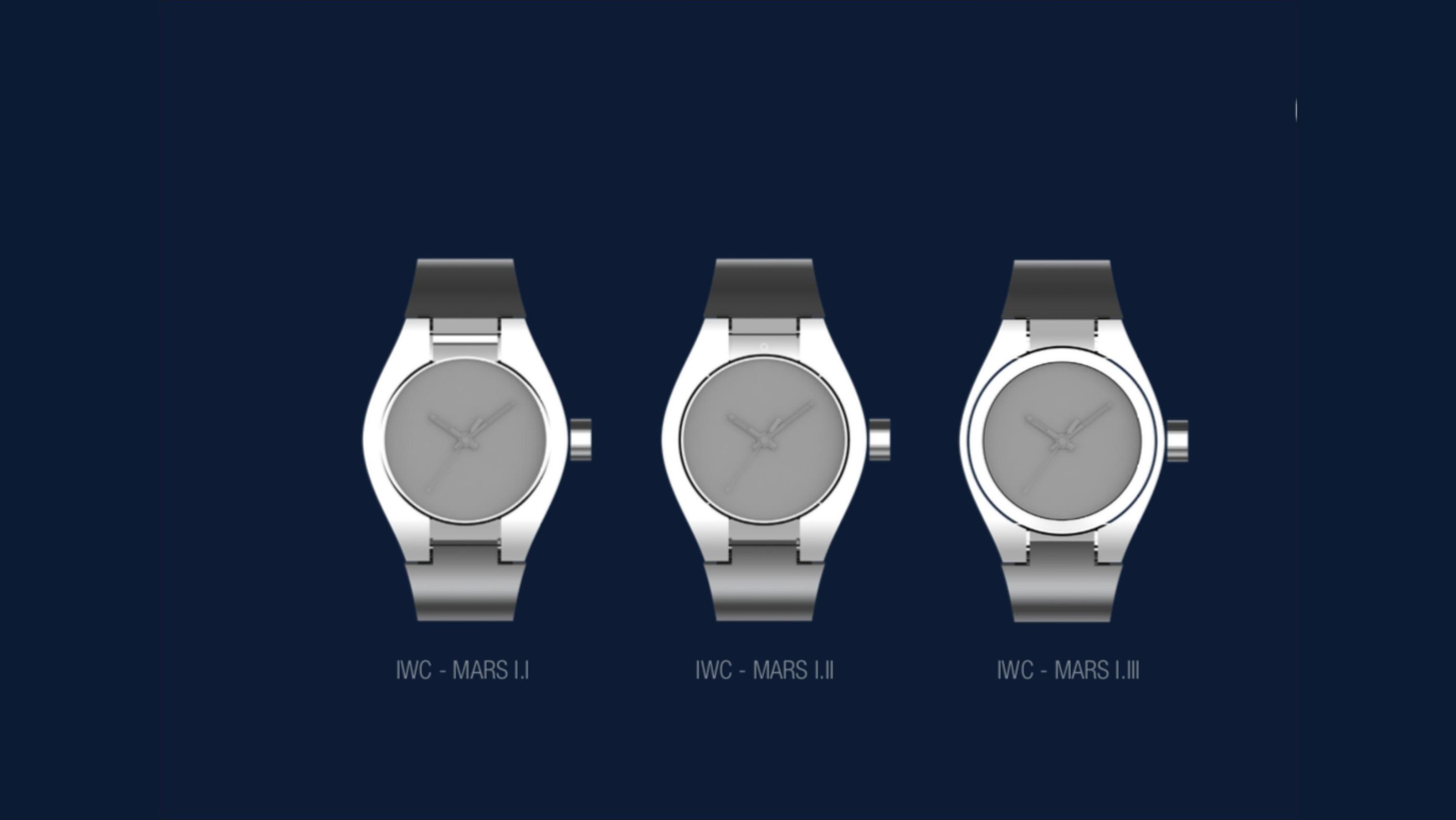 Three case variations for the Mars I — rendered in brushed steel with integrated bracelet