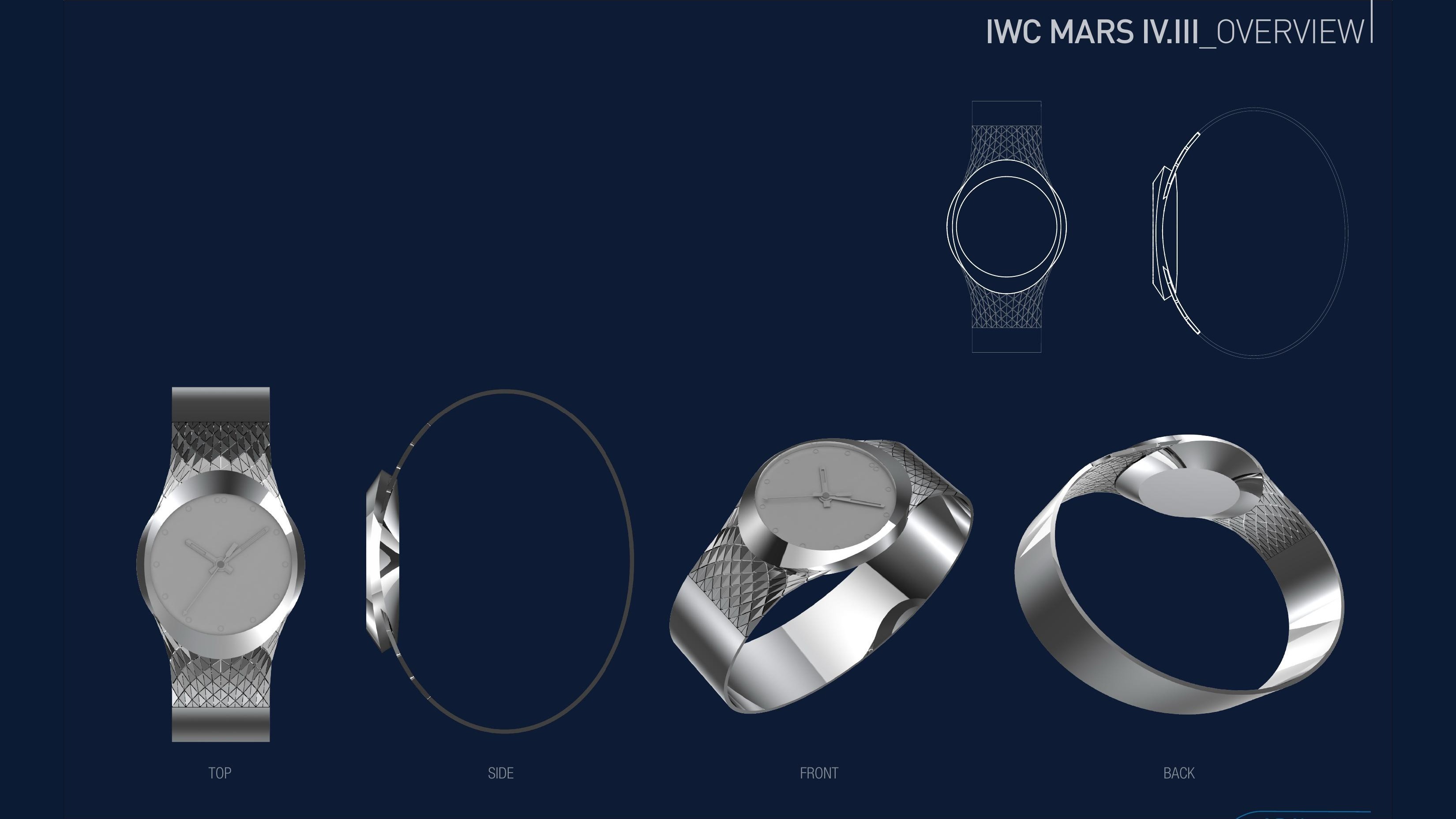 Mars IV.III overview — top, side, front, and back views with diamond-textured integrated bracelet