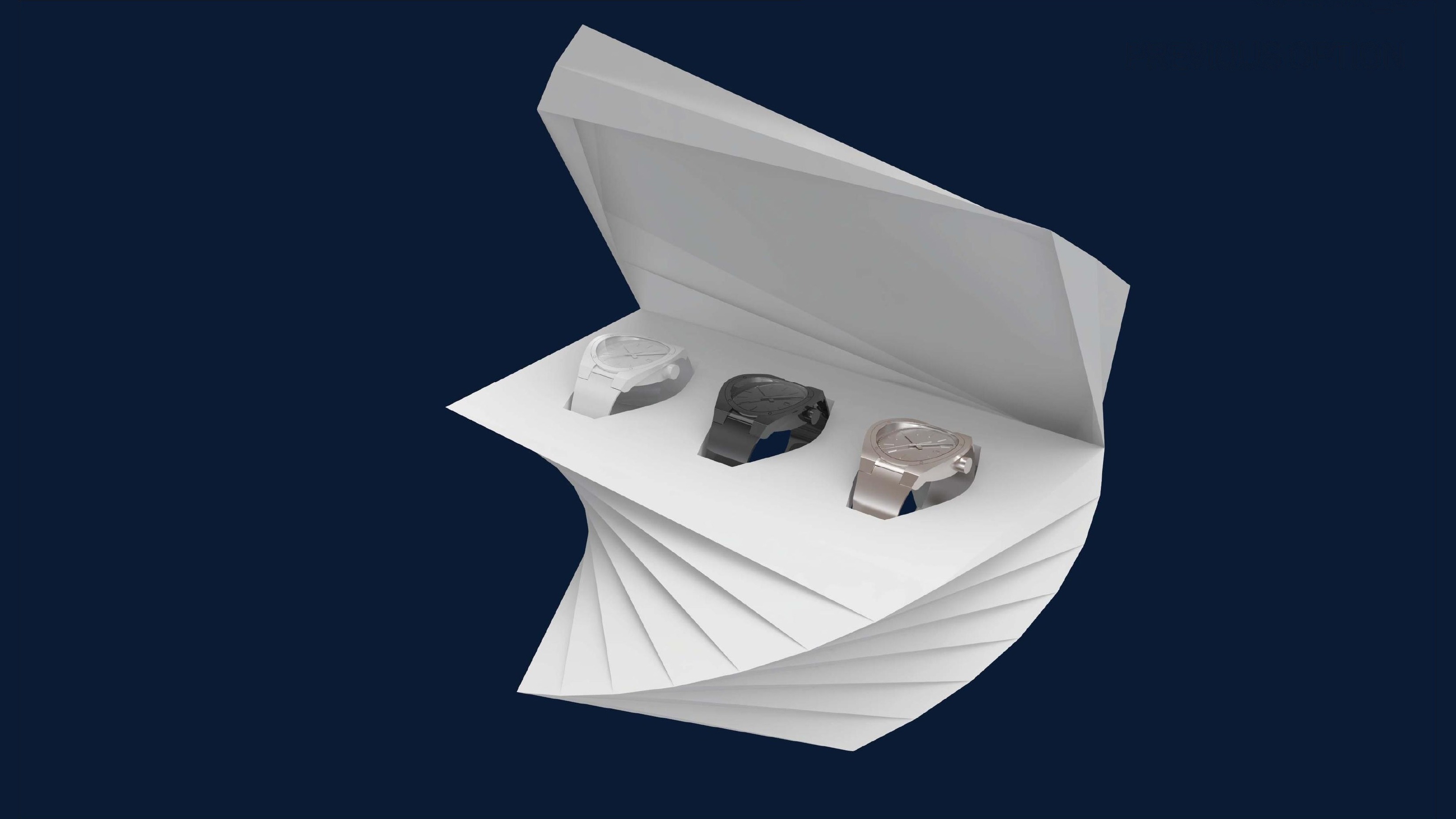Fan-form presentation case opened to reveal three Mars watches in white, black, and silver finishes