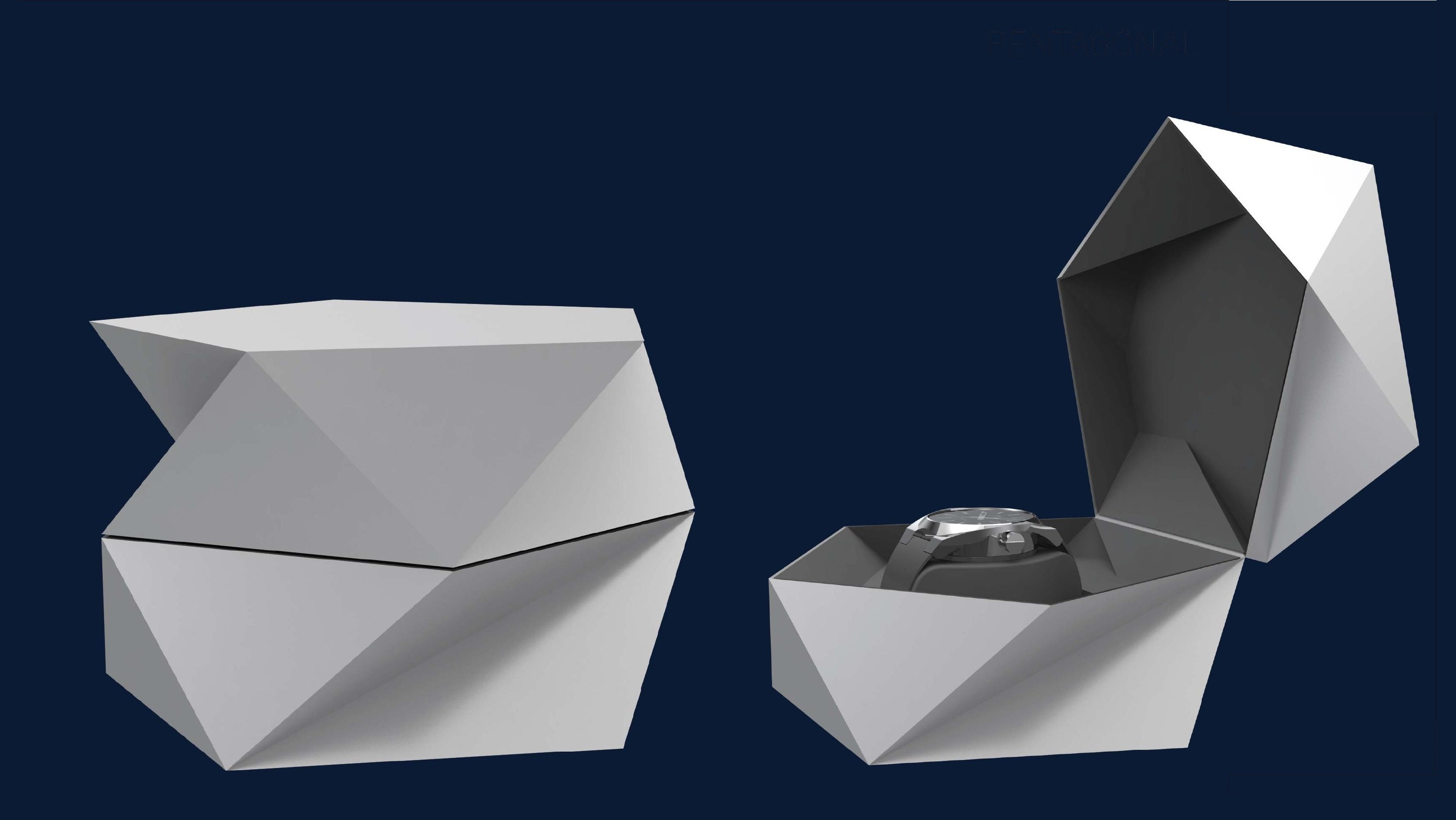 Pentagonal watch case — faceted geometric enclosure shown closed and open with watch