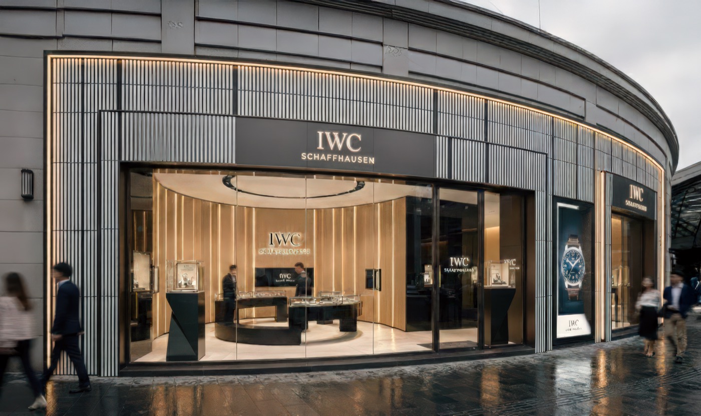 IWC Schaffhausen Shanghai boutique storefront with curved glass facade, vertical metal fins, and warm golden interior illumination