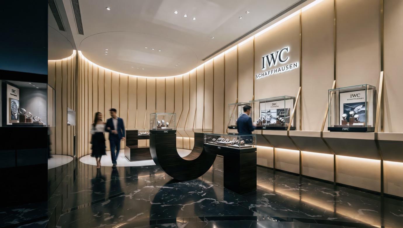Interior of the IWC Shanghai boutique with sculpted golden wall panels, marble floor, and illuminated display vitrines