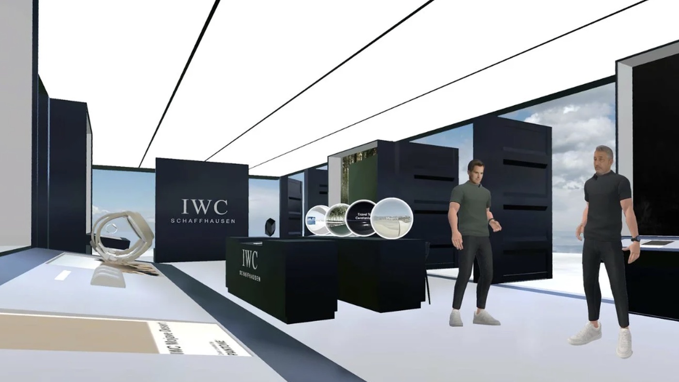Virtual showroom with avatar visitors browsing collections