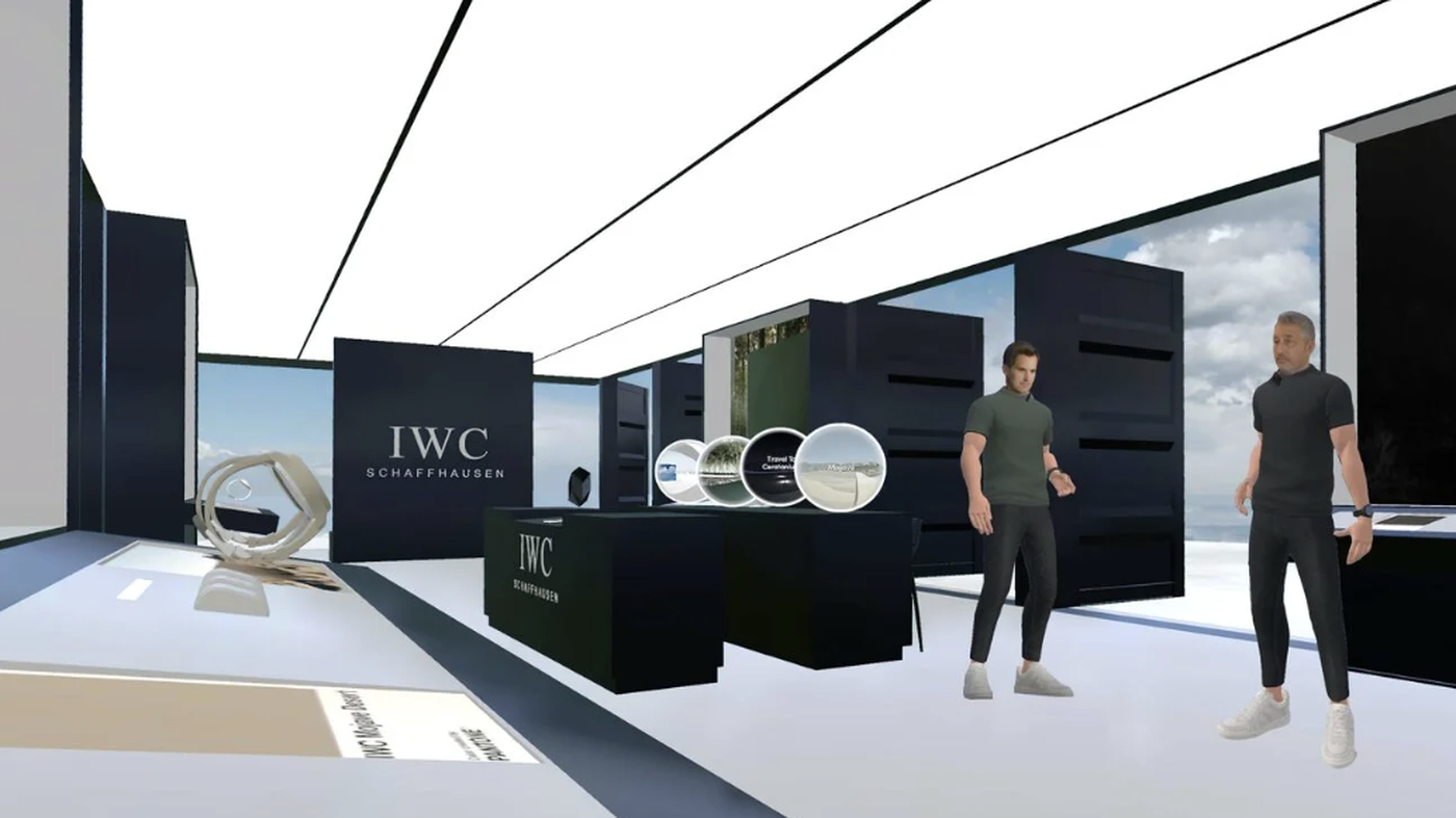 Virtual showroom with avatar visitors browsing collections