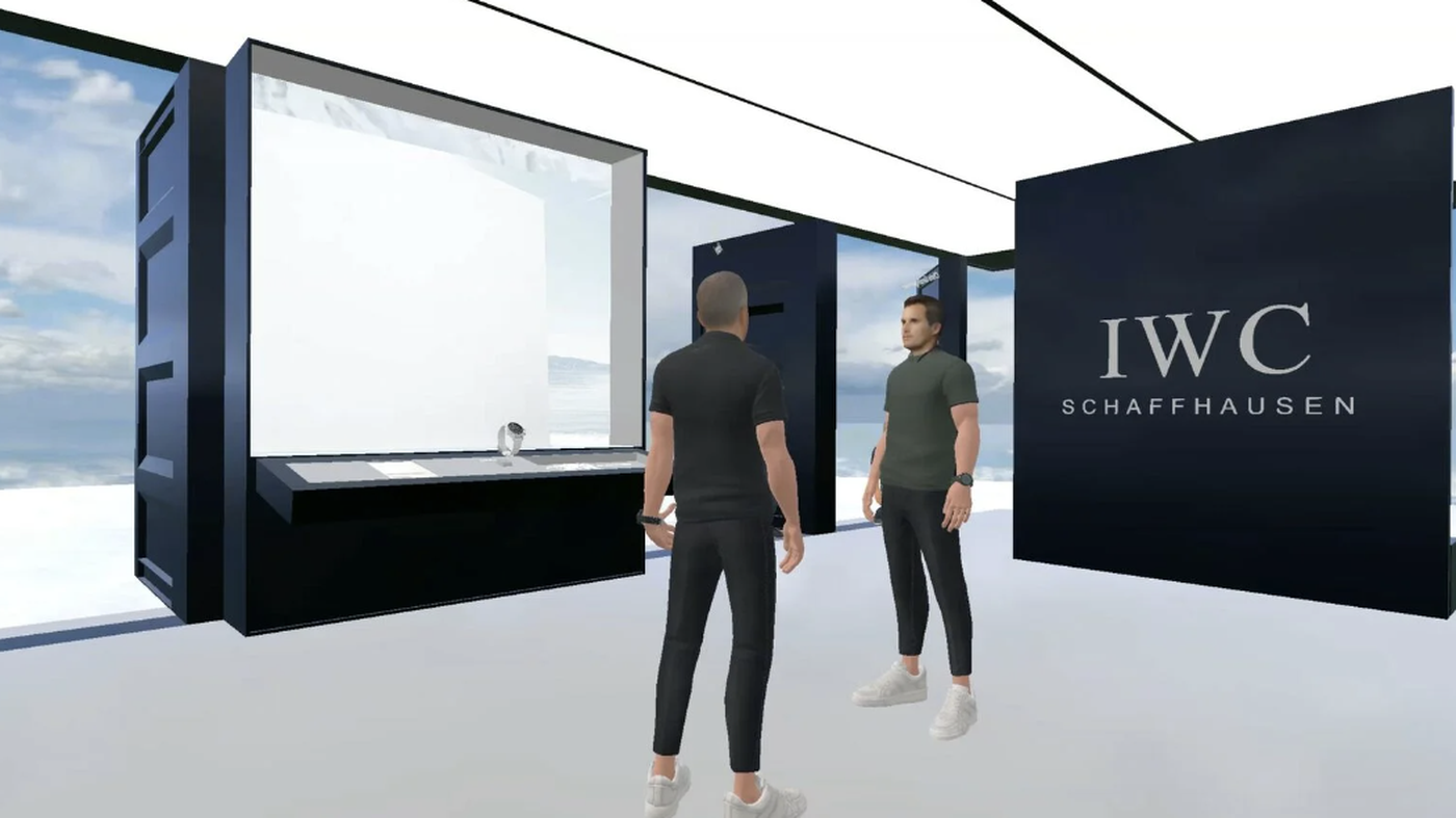 Avatars viewing watch display with IWC branding