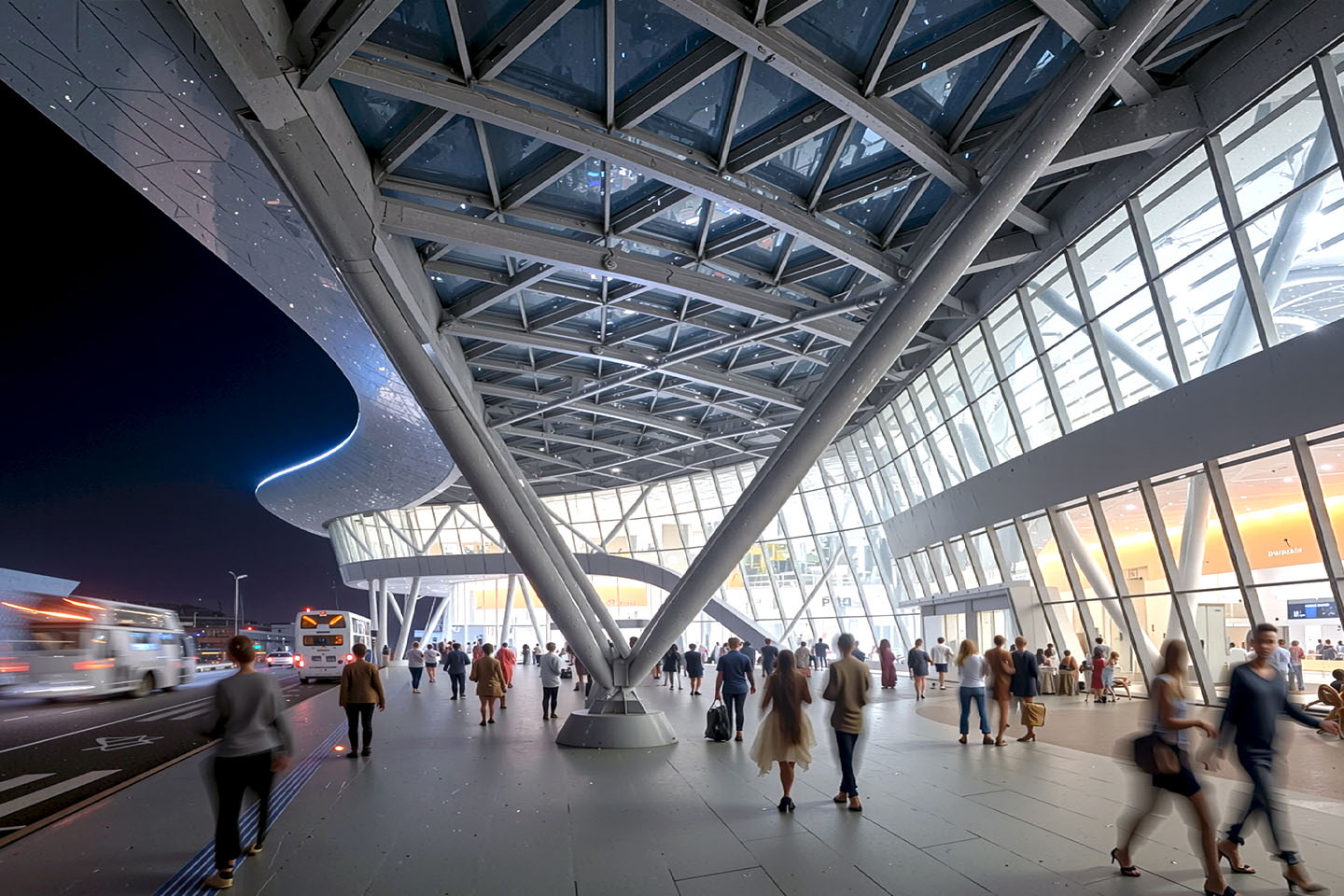 Ground-level view beneath the canopy at night showing the exposed structural truss, glass curtain wall, and pedestrians arriving at the terminal