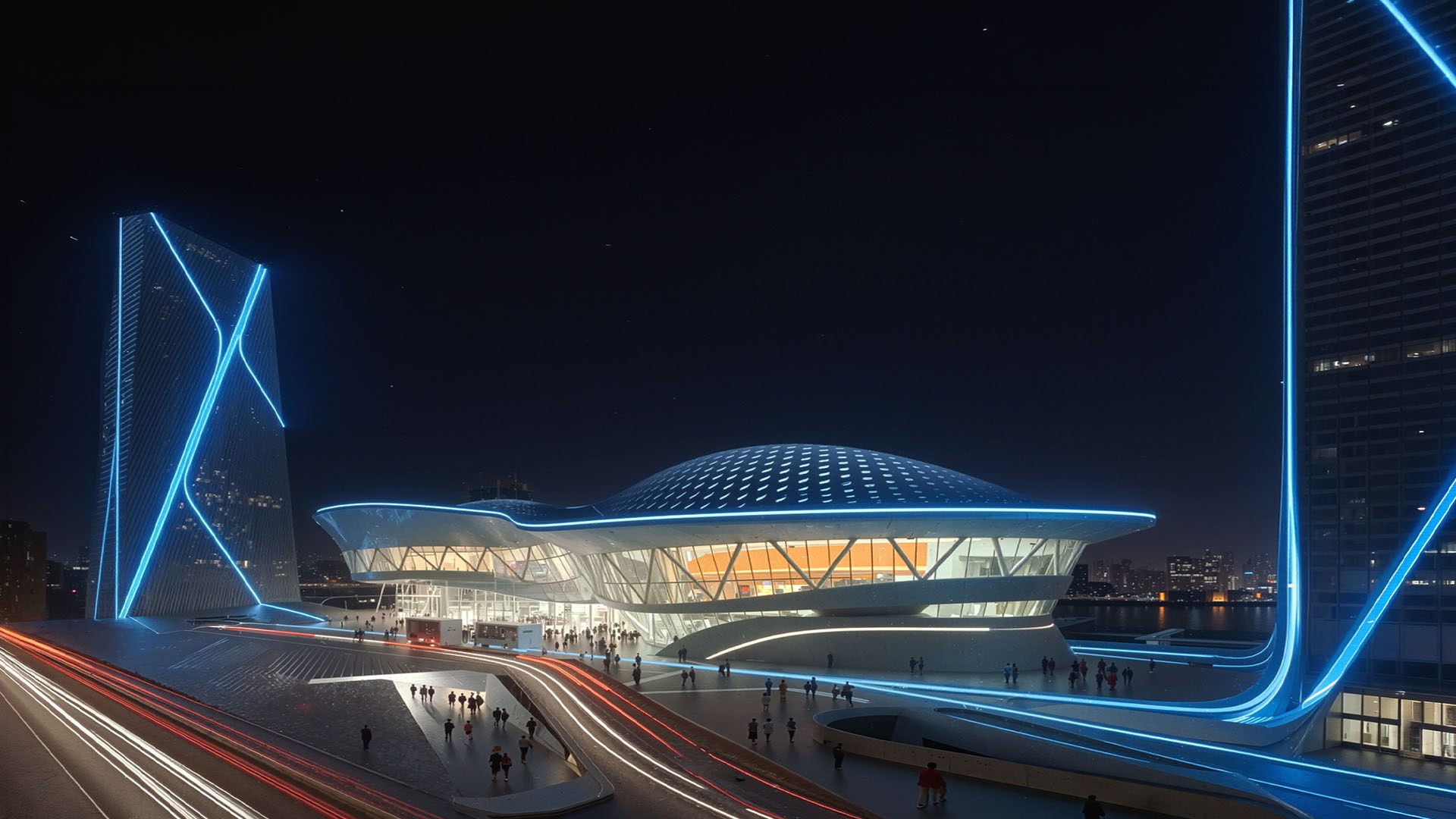 Nighttime view of the full terminal complex with illuminated twin towers, sweeping canopy glowing from within, pedestrians and traffic at grade level
