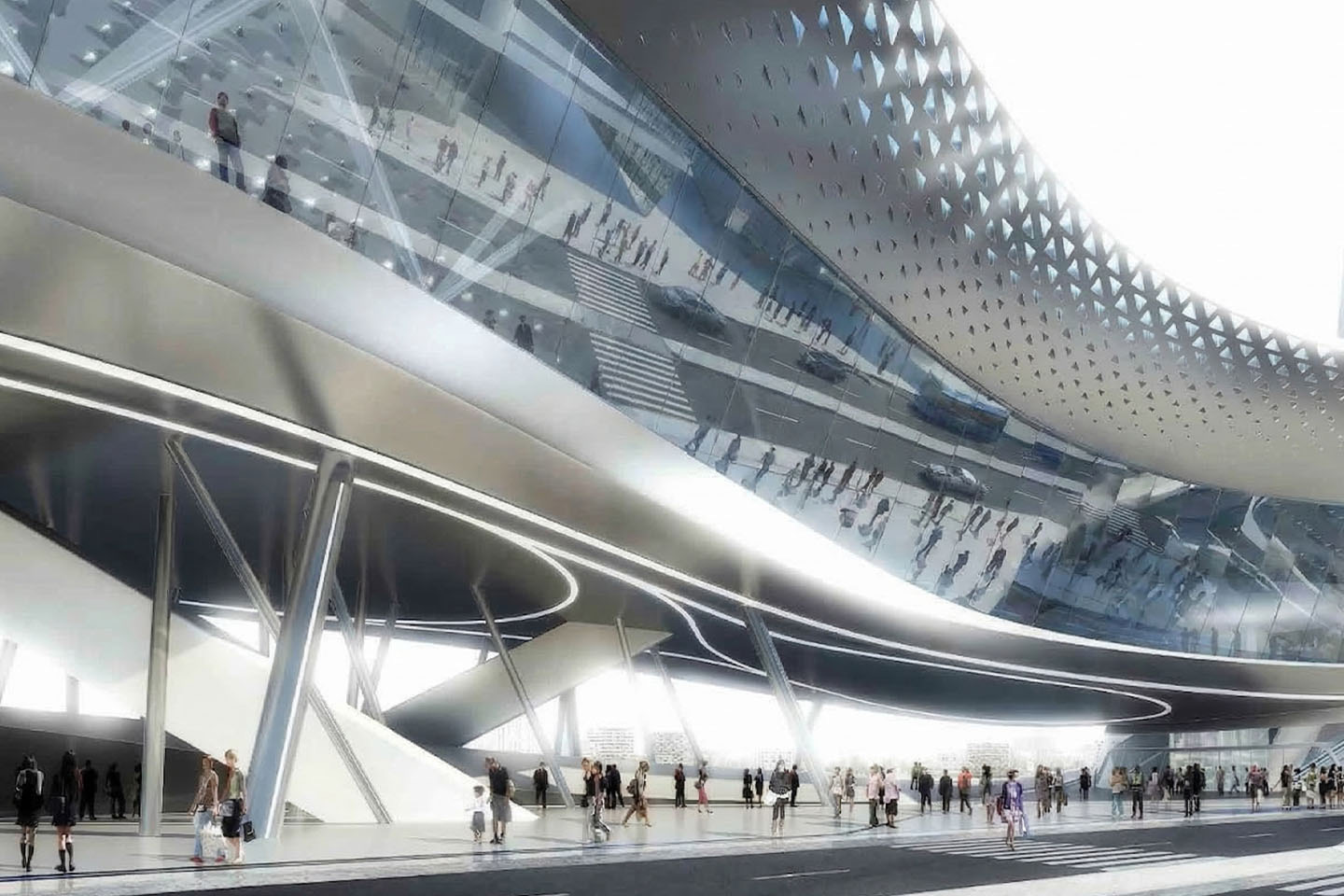 The grade-level public plaza beneath the elevated terminal with sweeping reflective glass underbelly, perforated canopy, and pedestrians moving through the space