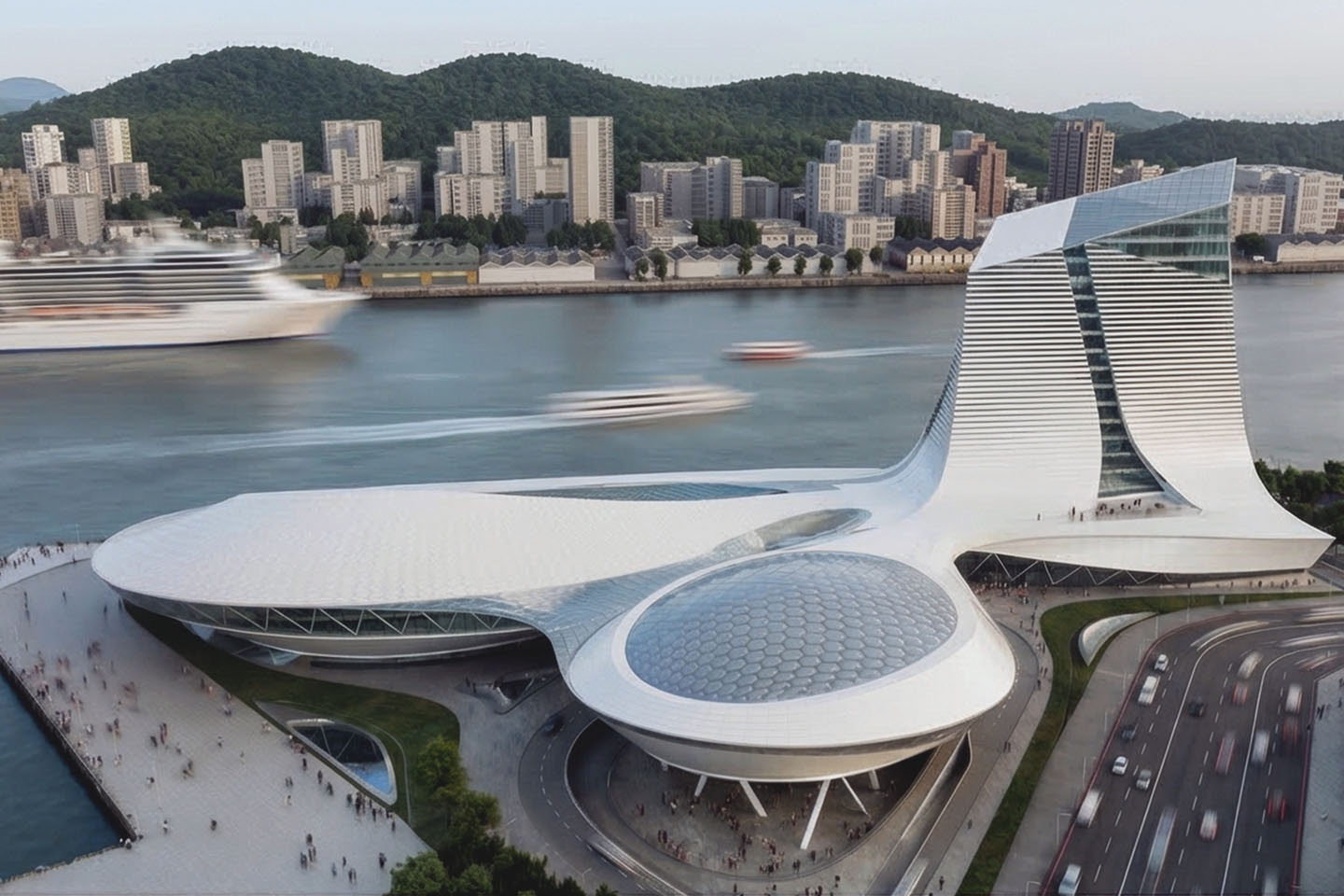 Aerial view of the full terminal complex with undulating white canopy, honeycomb domes, the sculptural tower, cruise ships in the harbor, and Keelung's mountainous cityscape beyond