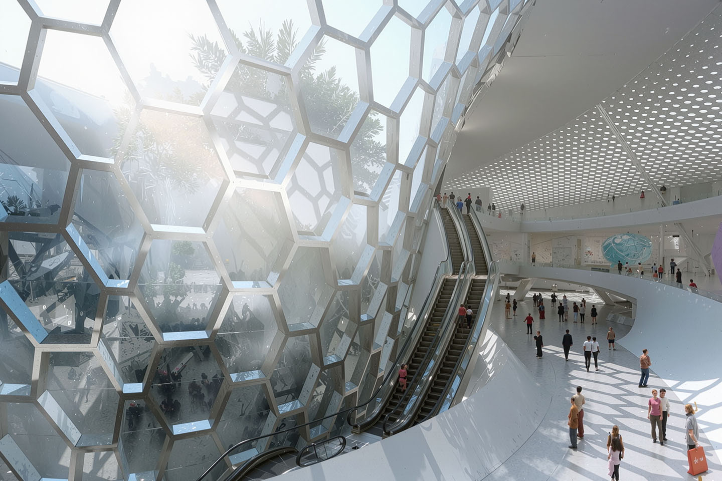 Interior view looking up through the honeycomb dome with sunlight streaming through the hexagonal glass panels, escalators rising alongside, and hexagonal shadow patterns cast across the floor below