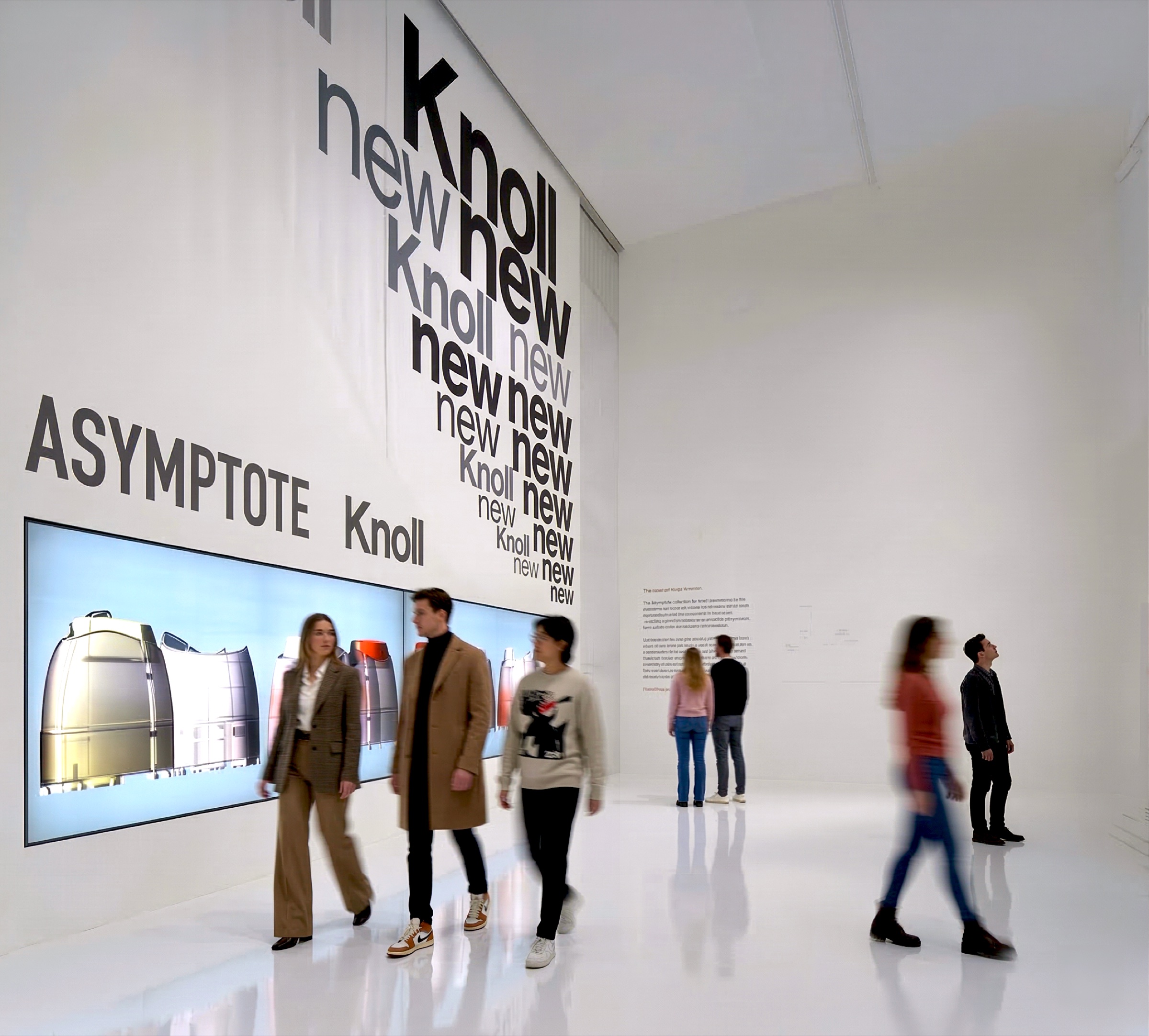Visitors passing through the Knoll NeoCon showroom entrance featuring a double-height typographic wall reading ASYMPTOTE Knoll with cascading 'new' lettering, and a large backlit screen displaying A3 workstation configurations