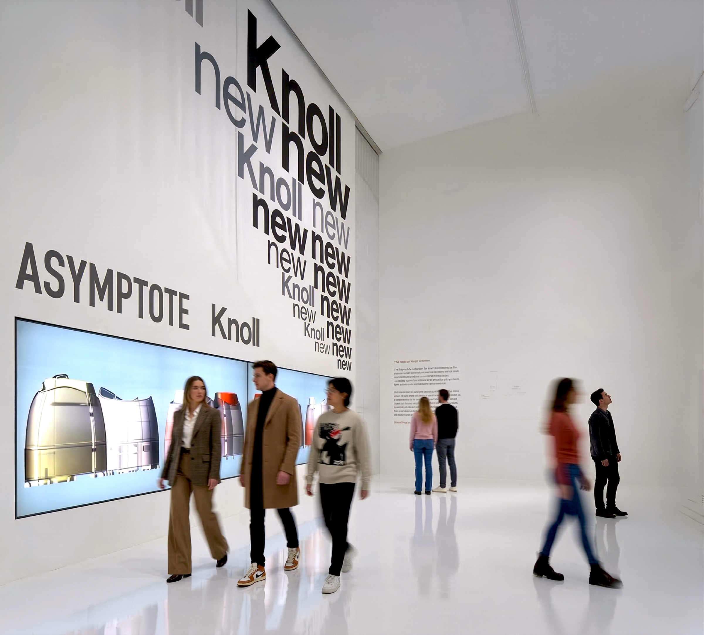 Visitors passing through the Knoll NeoCon showroom entrance featuring a double-height typographic wall reading ASYMPTOTE Knoll with cascading 'new' lettering, and a large backlit screen displaying A3 workstation configurations