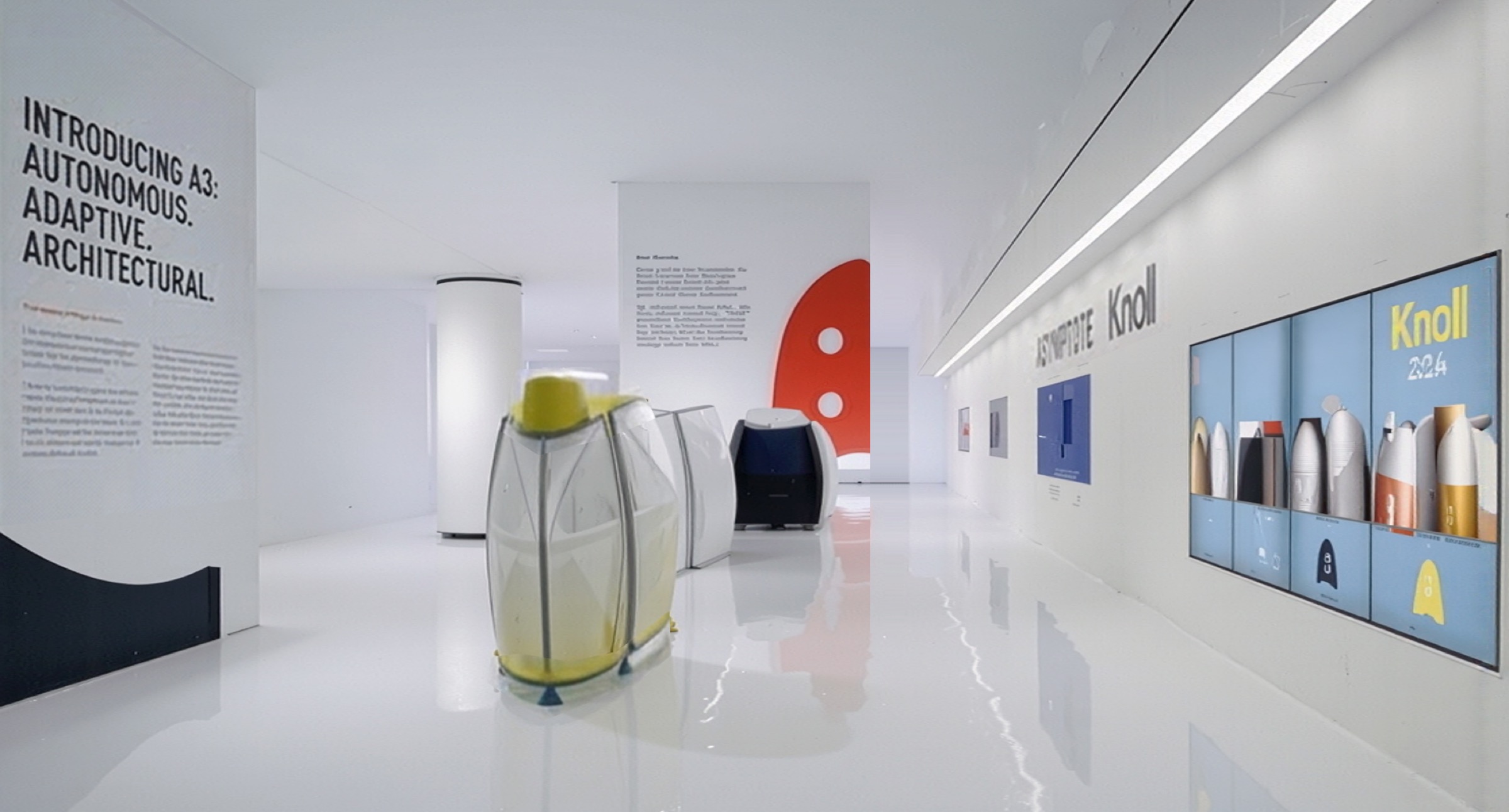 Full installation view showing A3 workstation pods on a reflective white floor, the 'INTRODUCING A3: AUTONOMOUS. ADAPTIVE. ARCHITECTURAL.' text wall on the left, the curved red entry wall in the background, and the ASYMPTOTE Knoll media display on the right