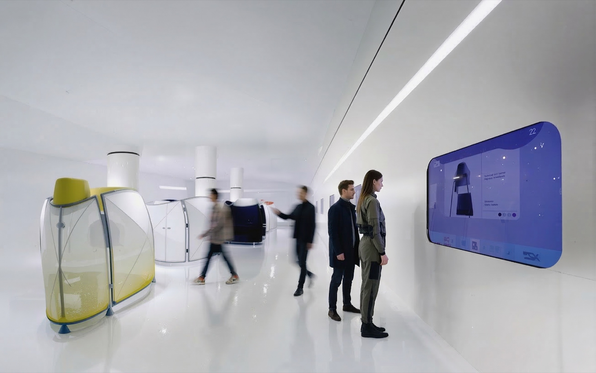 Visitors moving through the gallery-white showroom floor with A3 workstation pods in yellow and grey on display, an embedded blue interactive screen mounted on the wall