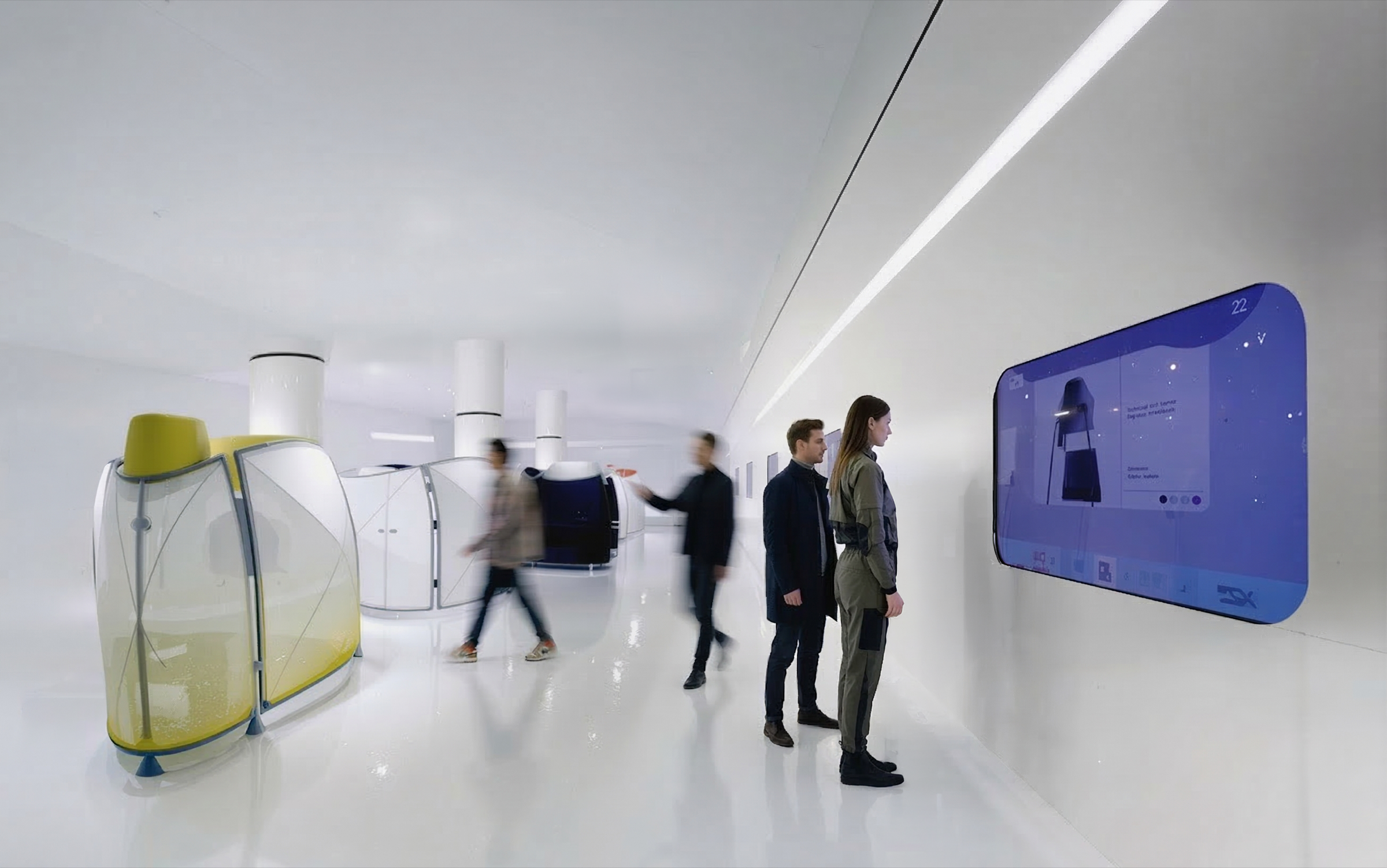 Visitors moving through the gallery-white showroom floor with A3 workstation pods in yellow and grey on display, an embedded blue interactive screen mounted on the wall