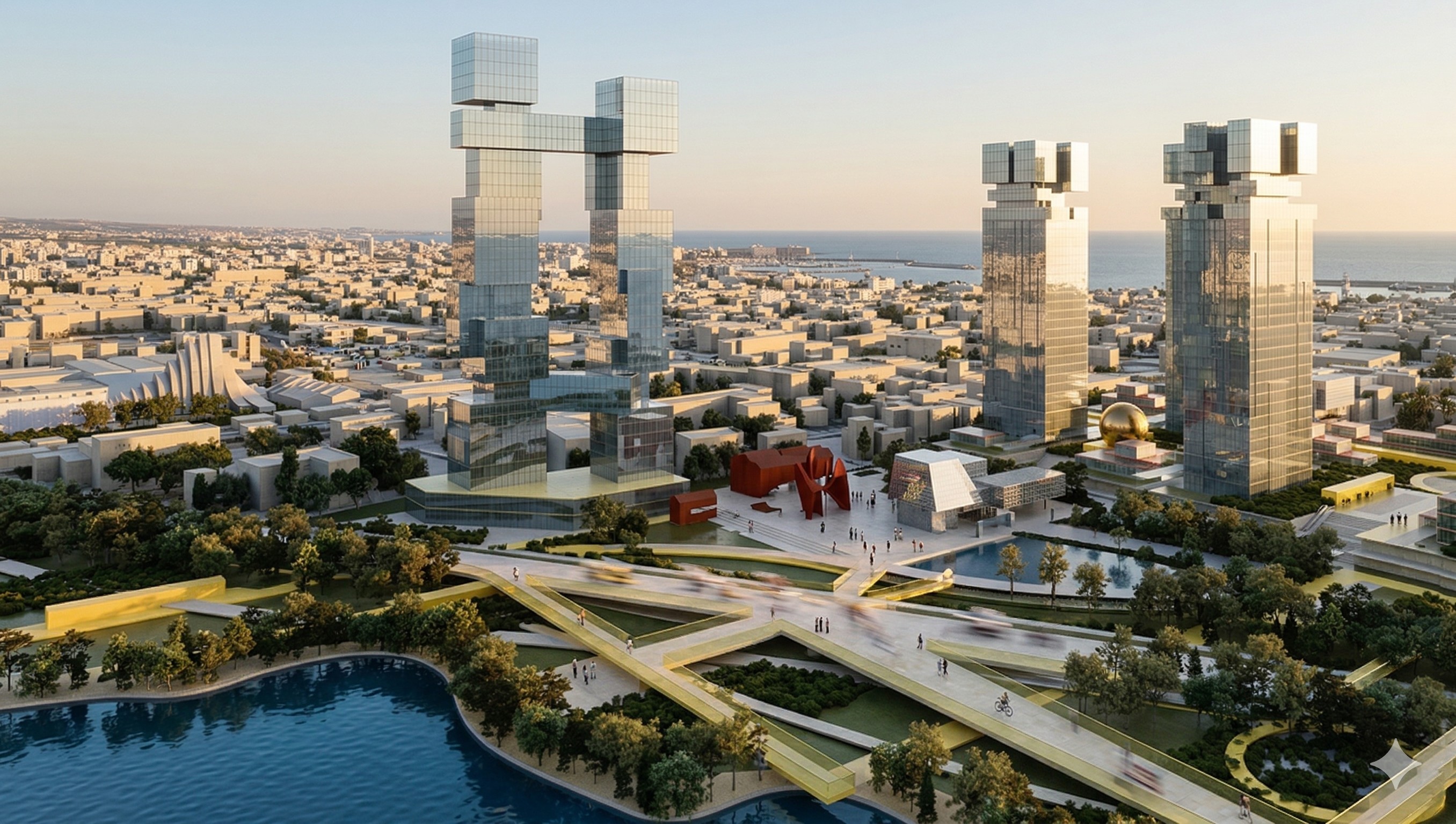 Wide aerial view of the Kolla PARC masterplan from inland looking toward the Mediterranean, showing tower clusters, the restored Kolla Cultural Factory in red, yellow pedestrian pathways, and a harbor basin