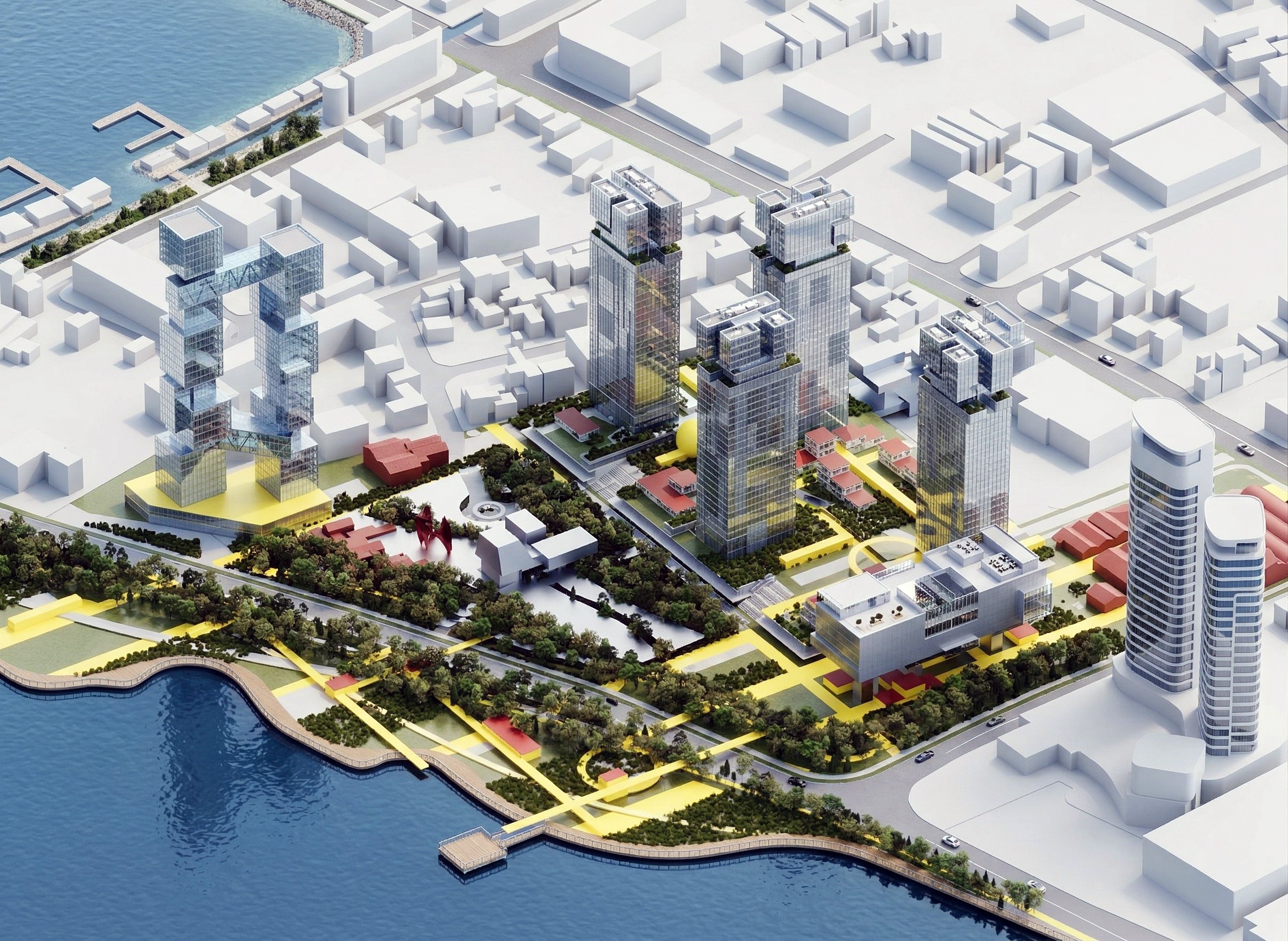 Overhead aerial view of the Kolla PARC district showing the full site layout with mixed-use towers, yellow pathway network, green corridors, and Mediterranean coastline