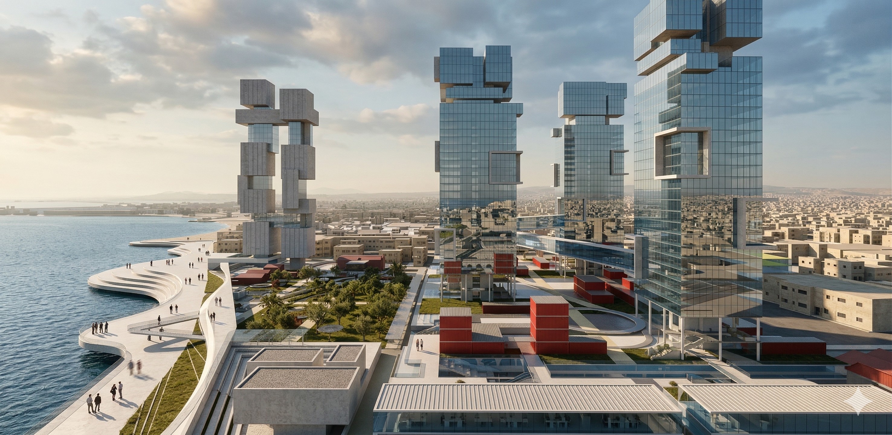 Aerial view of the Kolla PARC masterplan from the Mediterranean — interlocking tower volumes along a landscaped waterfront promenade with Limassol extending beyond