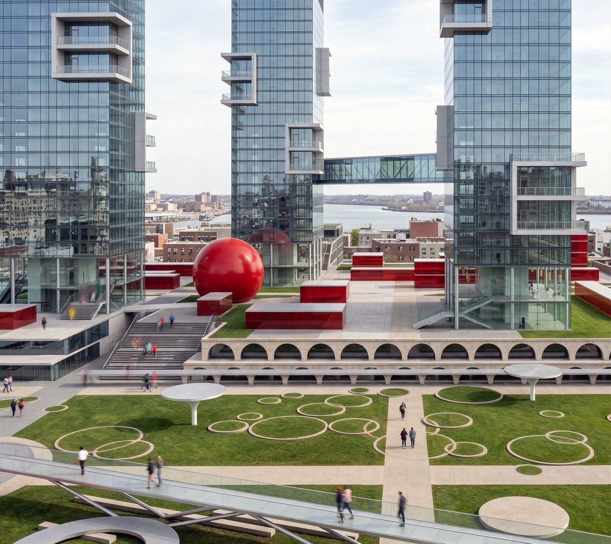Ground-level view of the central plaza between glass towers, with a large red sphere sculpture, landscaped lawns with circular elements, arched colonnades, and stepped terraces