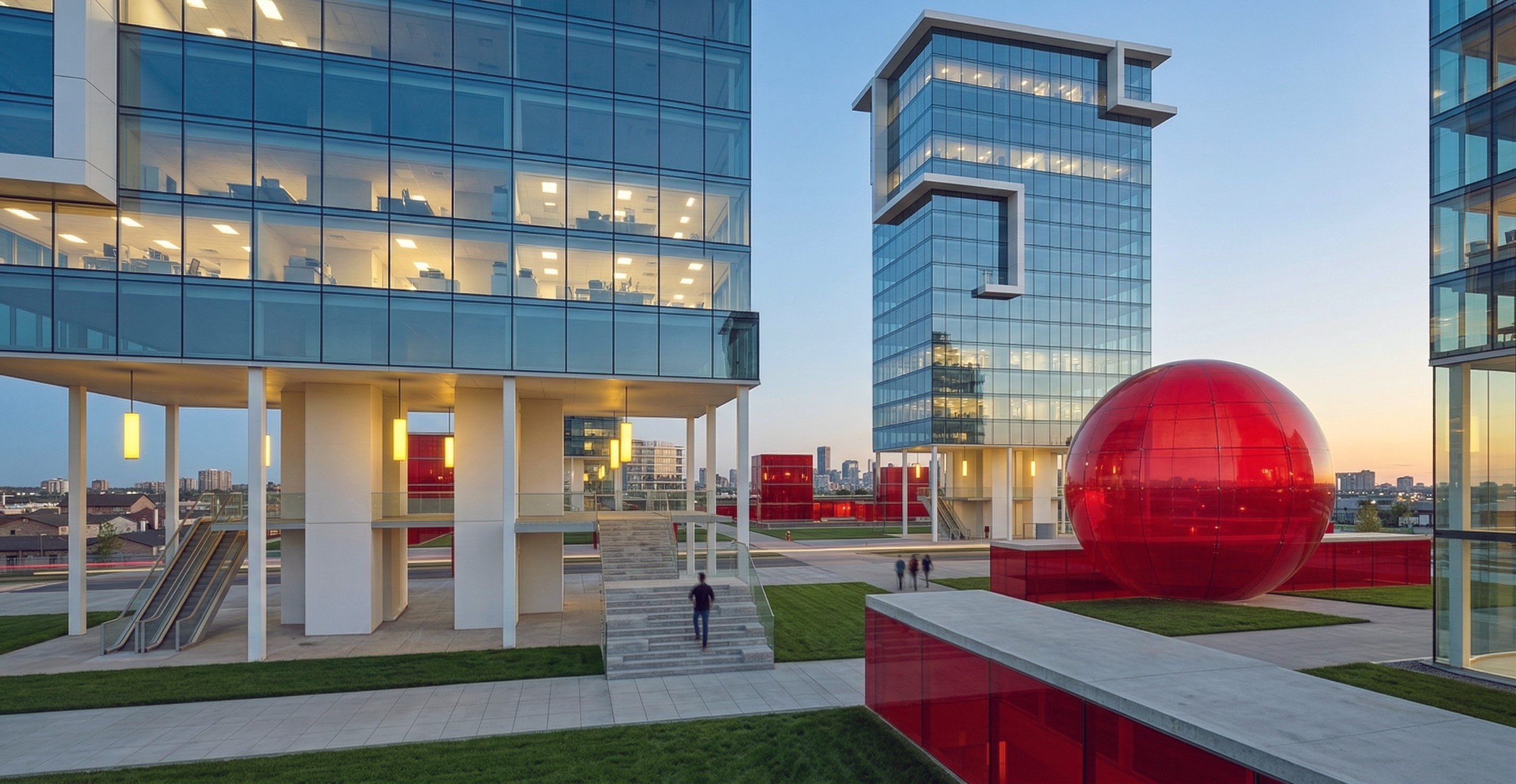 Dusk view of the Kolla PARC central plaza showing illuminated glass towers with pilotis, a large red translucent sphere sculpture, escalators, and visitors on the landscaped plaza