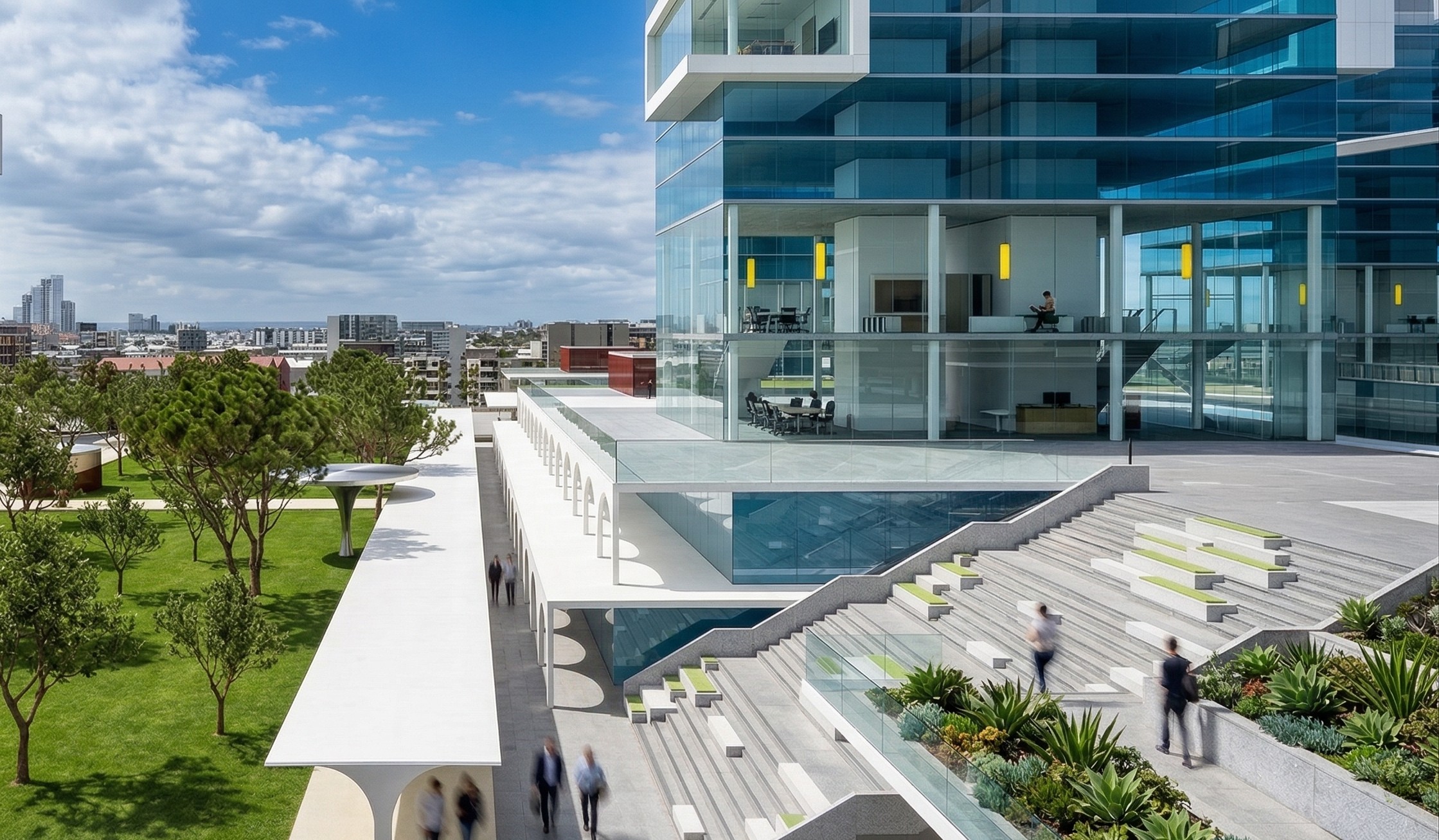 Street-level view of a tower base with cantilevered glass volumes, stepped landscaped terraces, tree-lined promenade, and pedestrians