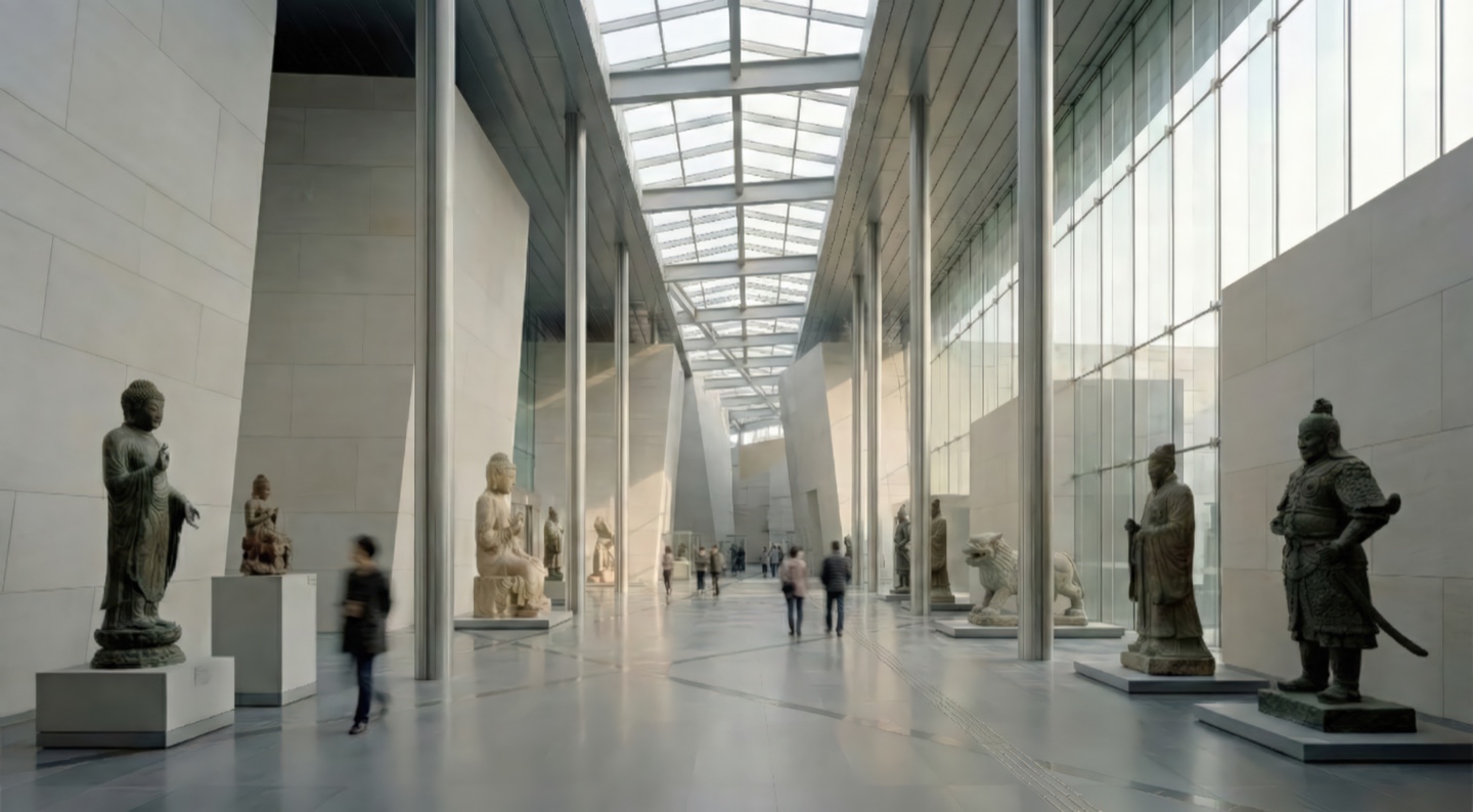 Grand corridor with towering stone piers and full-height glass walls displaying Buddhist statues, warrior figures, and mythical guardian sculptures