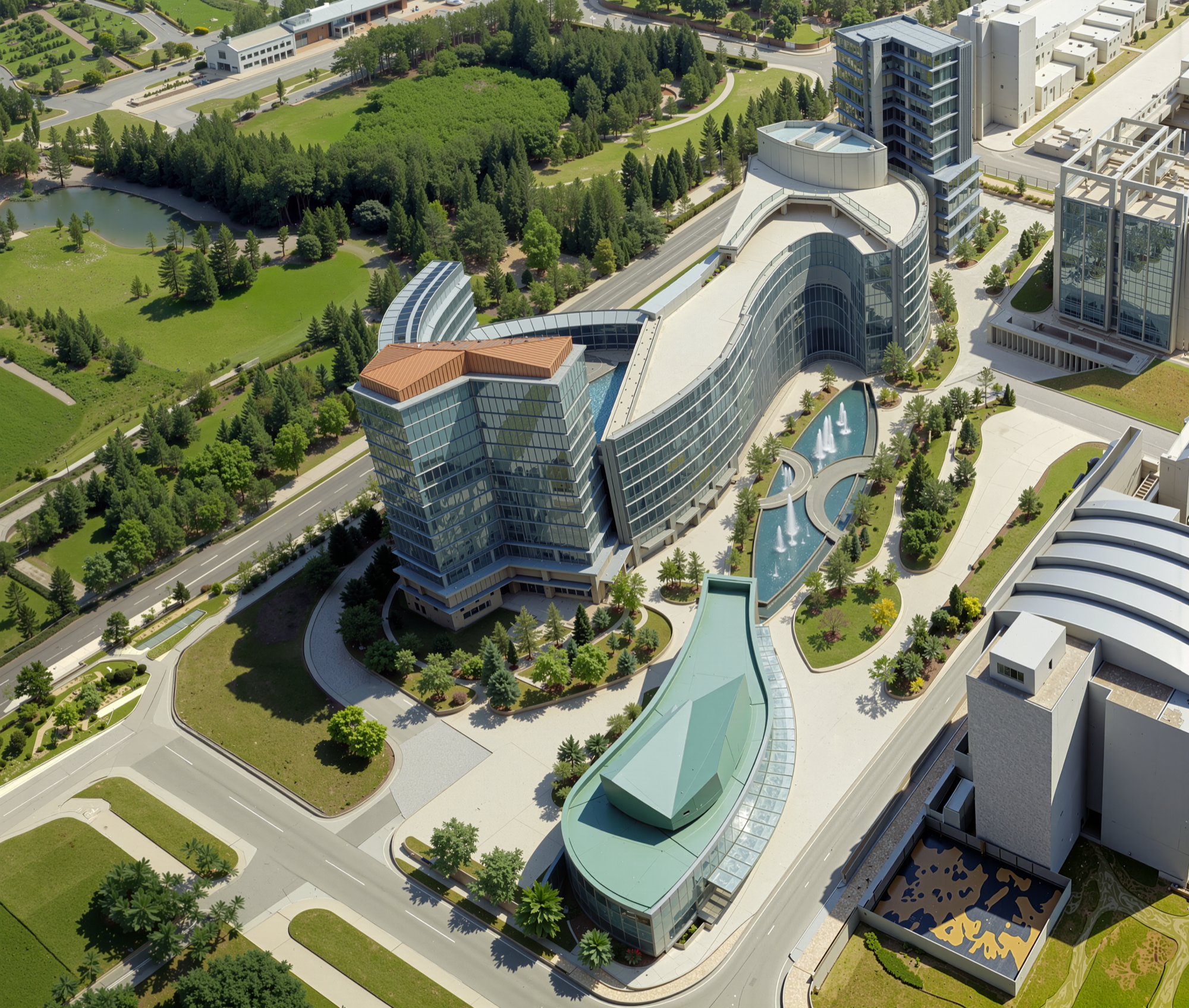 Aerial view of the KRP complex showing the green glass entry pavilion, curvilinear towers, landscaped gardens, and water features