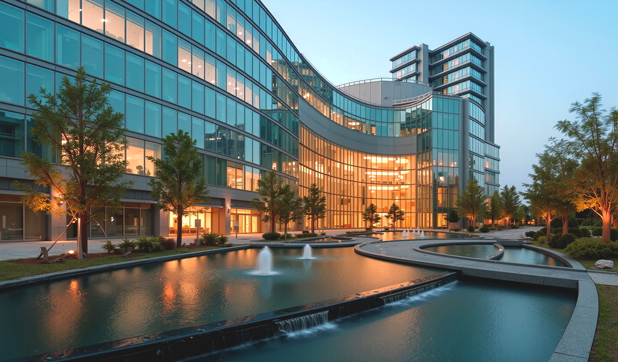 Dusk view of the curvilinear glass facade with warmly illuminated interiors, reflecting pools, and cascading water features