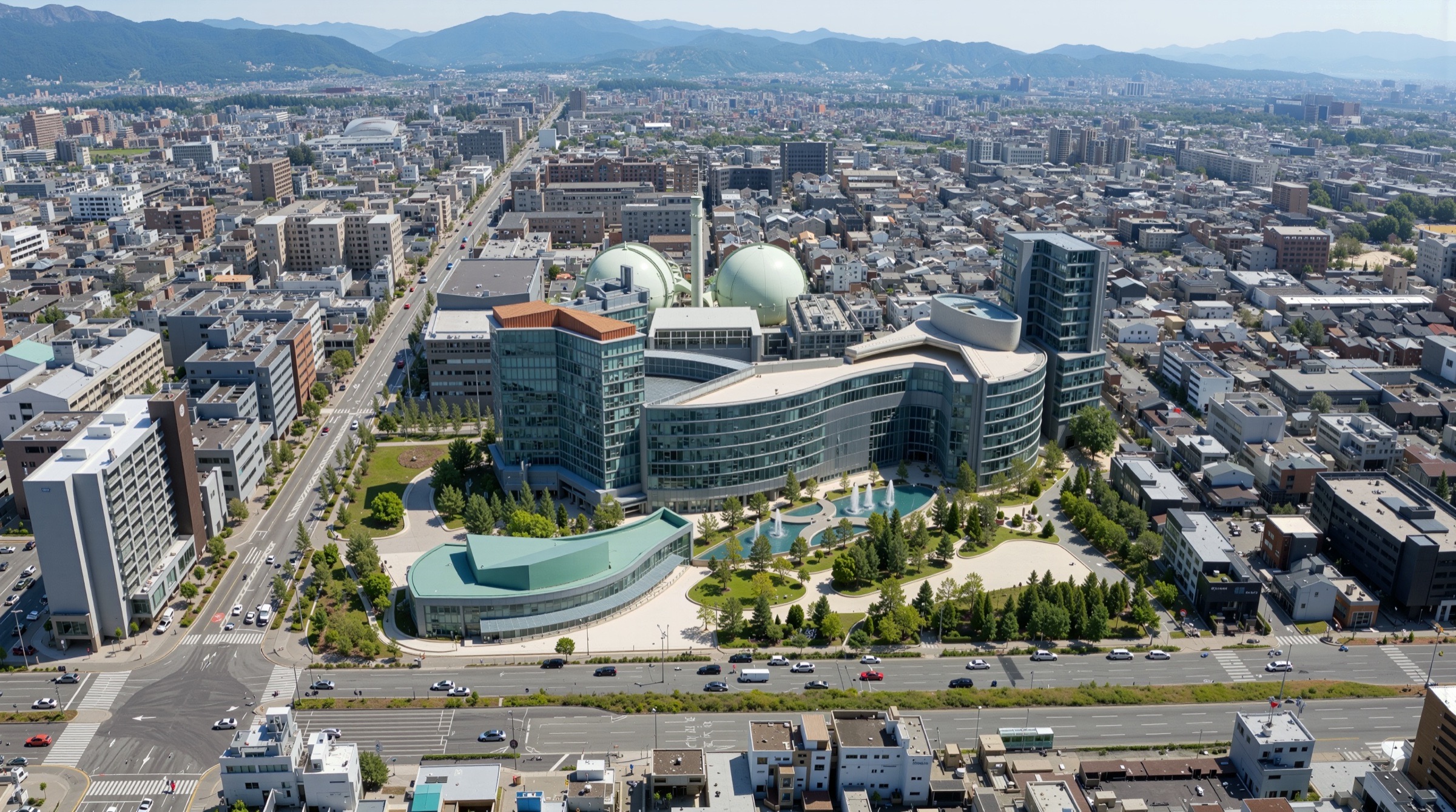 Aerial view of the KRP complex within the Kyoto cityscape, showing curvilinear glass towers with green spherical elements, landscaped gardens, and surrounding mountains